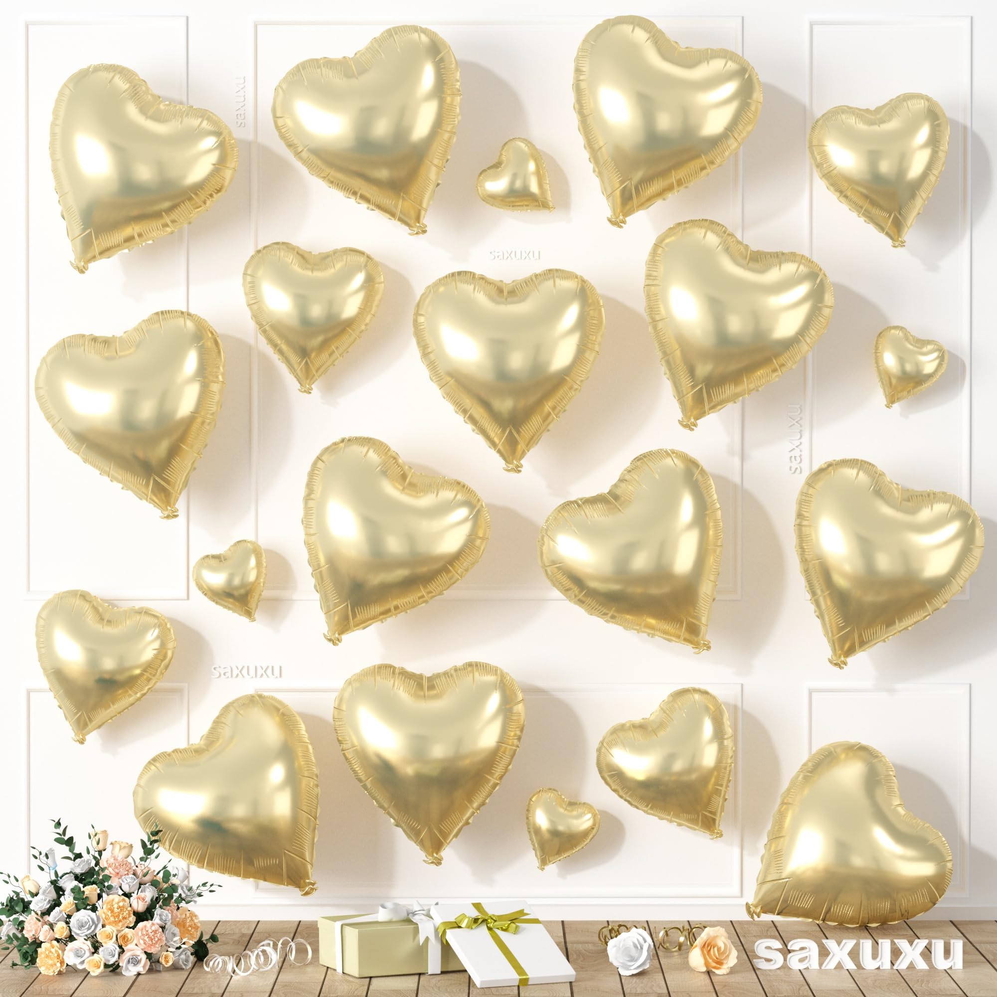 Champagne Gold Heart Balloons, Heart Shaped Ballons, 20 Pcs 5/10/18 inch Gold Foil Love Balloons for Valentine's Day Decorations Wedding Engagement