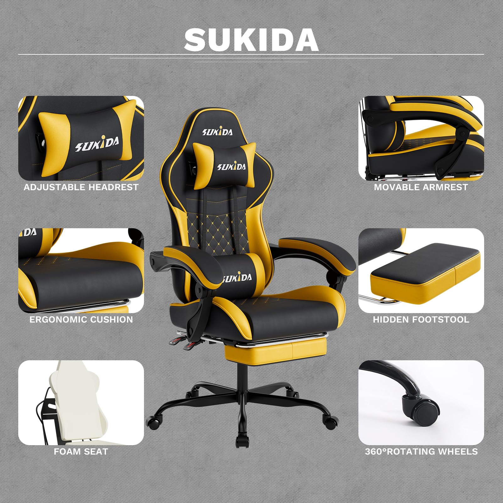 SUKIDA Gaming Stuhl, Ergonomischer Gaming-Stuhl mit Fußstütze, Racing Gamer Chair 90-135° Rückenlehne einstellbar, Computerstuhl Höhenverstellbar Lendenwirbelstütze, Blackyellow