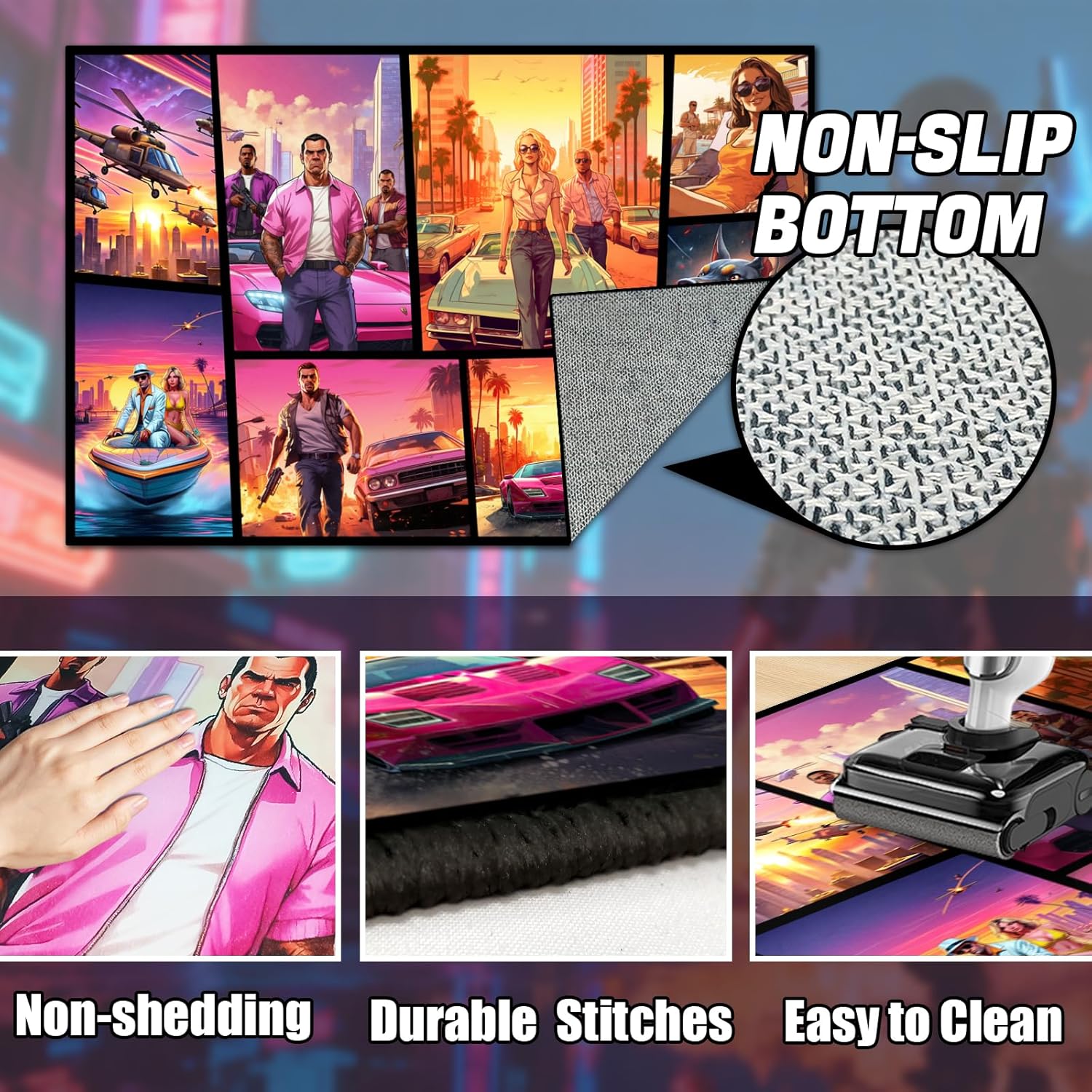 Gaming Area Rug Teen Boys Carpet, Non-Slip Comic Splicing Style Rug with Upgrade Rubber Backing, Stain Resistant Faux Wool Distressed Carpet for Game PlayRoom, Bedroom, Living Room (Autos, 60" x 40")