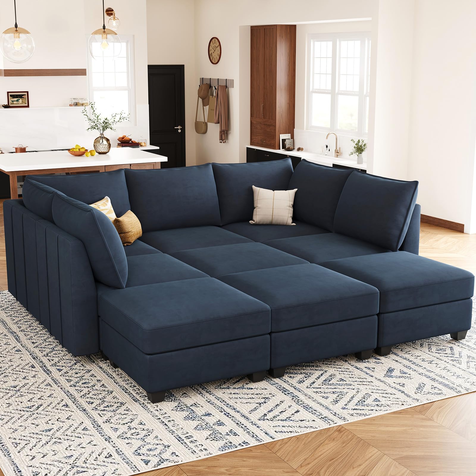 Belffin Modular Sectional Sofa Bed with Storage 9-Seater Velvet Reversible Sleeper Couch for Living Room Blue