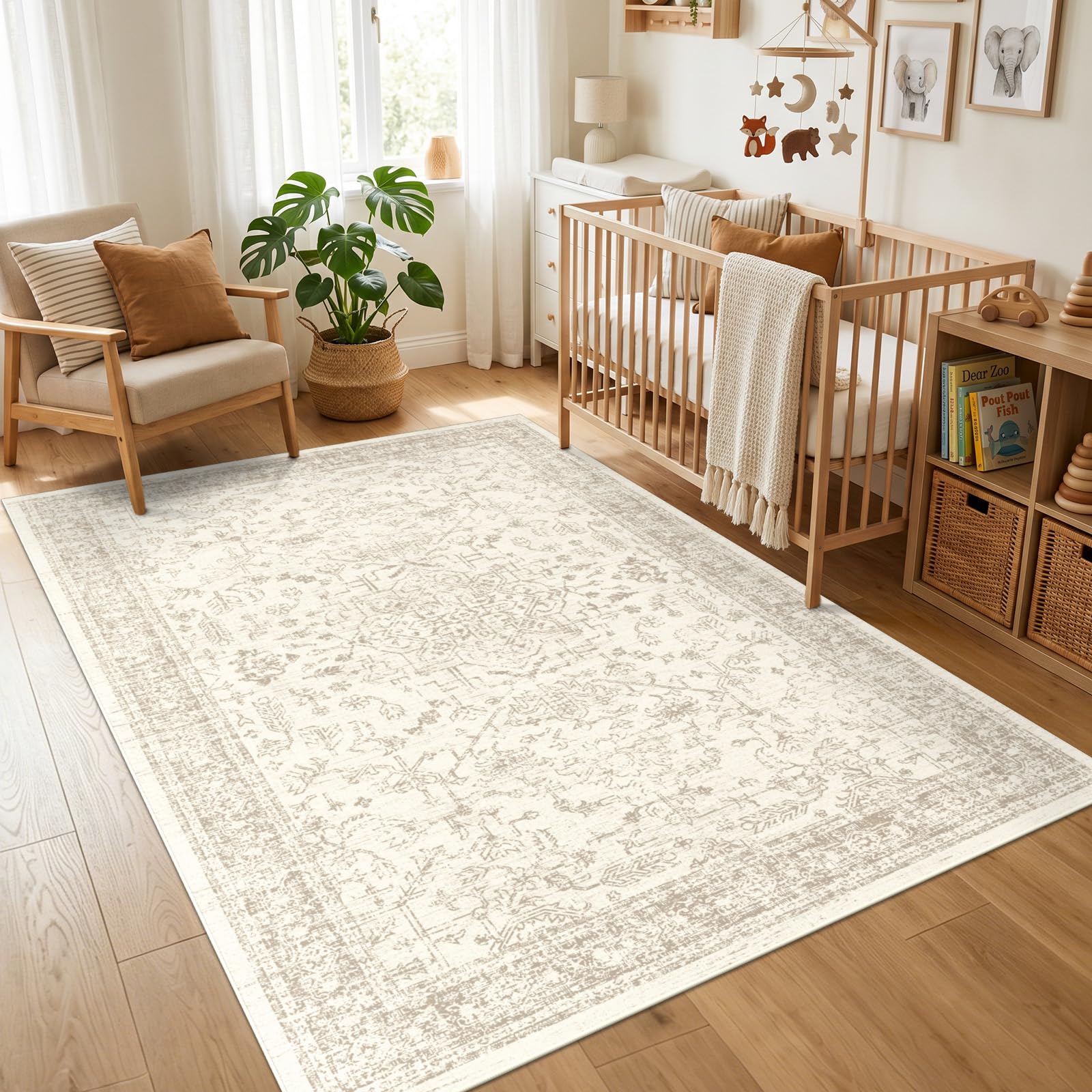 Tapis Vintage Beige 120x180cm Lavable antidérapant Poil Court pour Salon, Chambre, Bureau, Cuisine