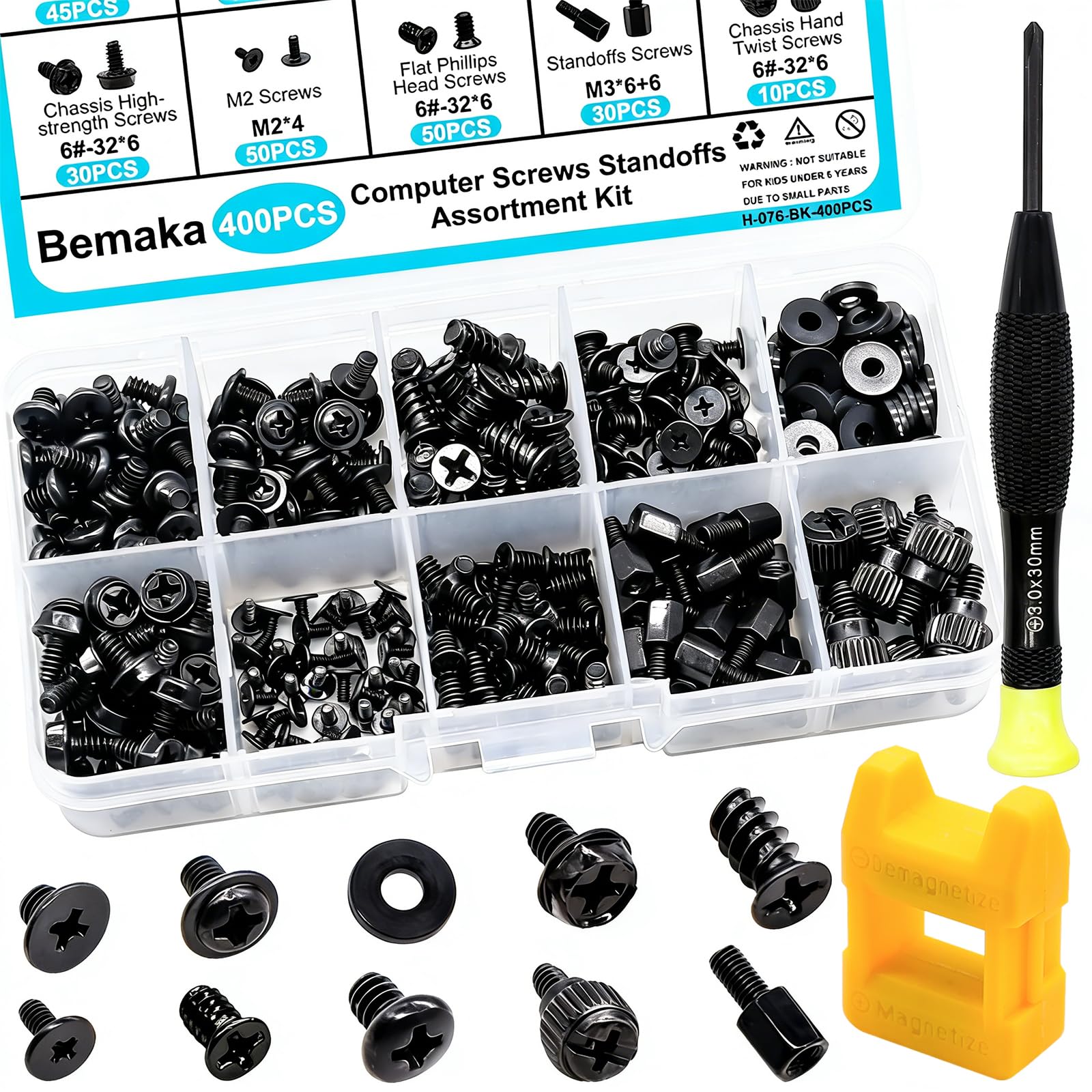 Bemaka 400Pcs Computer Screws Assortment Kit, Motherboard Standoffs Screws PC Screws for Universal Motherboard, SSD, Hard Drive, PC Case, PC Fan, for