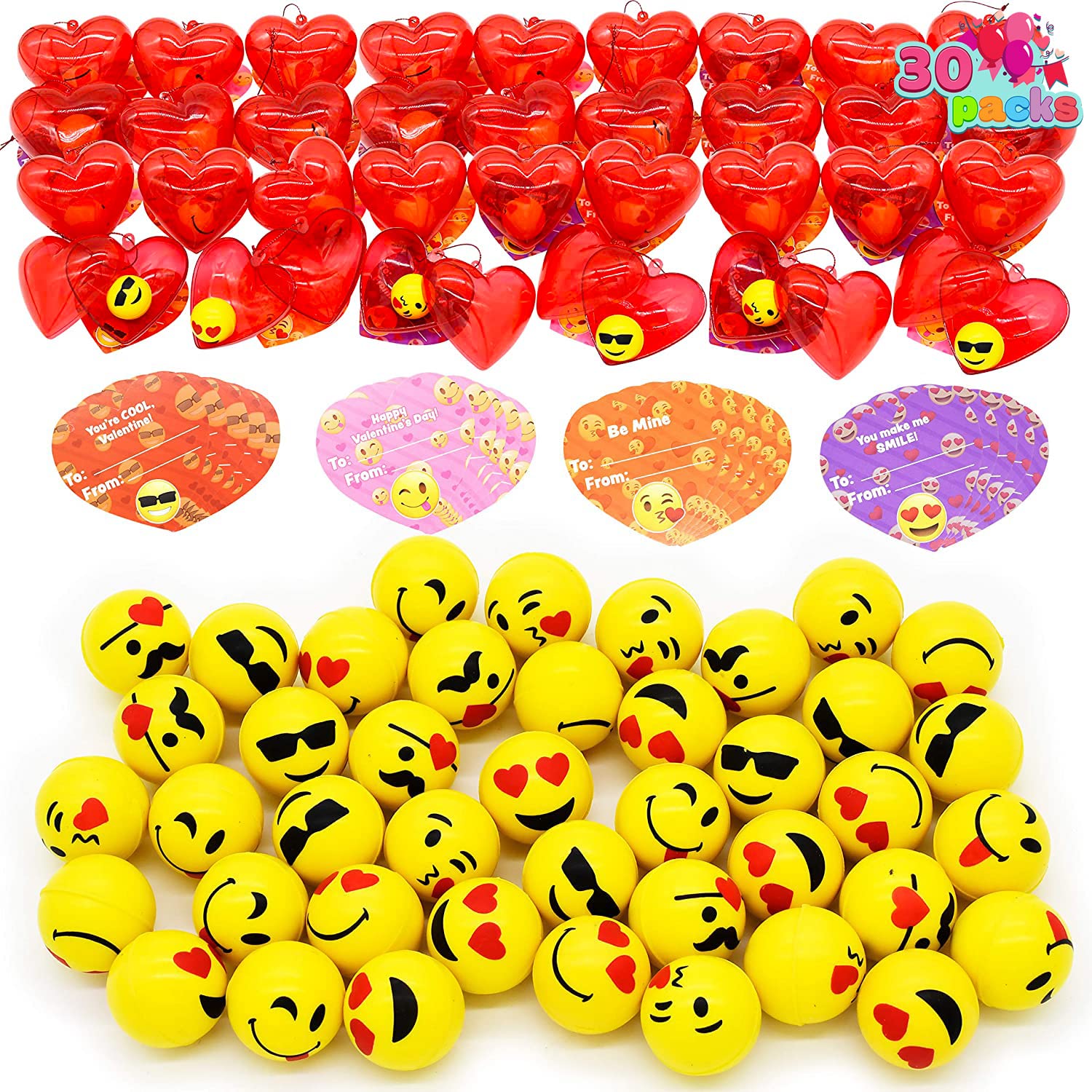 JOYIN 30 Pcs Valentine's Day Filled Hearts with Emoji Bouncy Ball for Kids Valentine Classroom Exchange, Kids Bouncy Balls for Class Exchange, Gift & Game Prize