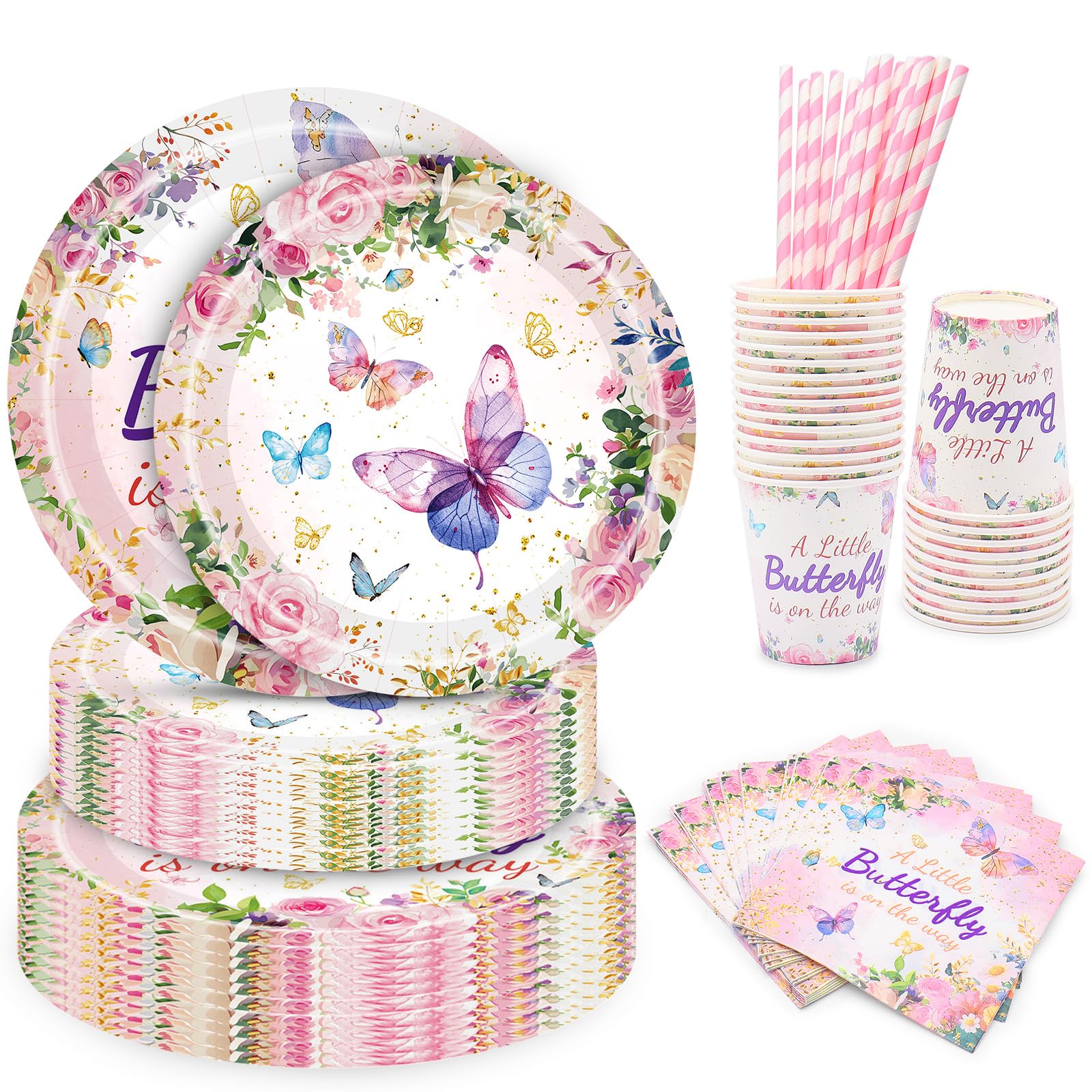 75PCS Butterfly Tableware Set for 15 Guests –Floral Plates, Cups, Napkins & Straws – Girls Birthday Party Decor