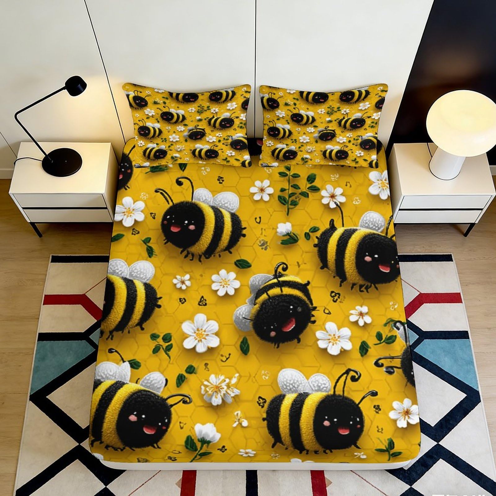 3D Printed Cute Bumblebee Fitted Sheet Microfiber Yellow Flower Mattress Cover for Bedroom Guest Room Dorm Decor 90x200x25cm