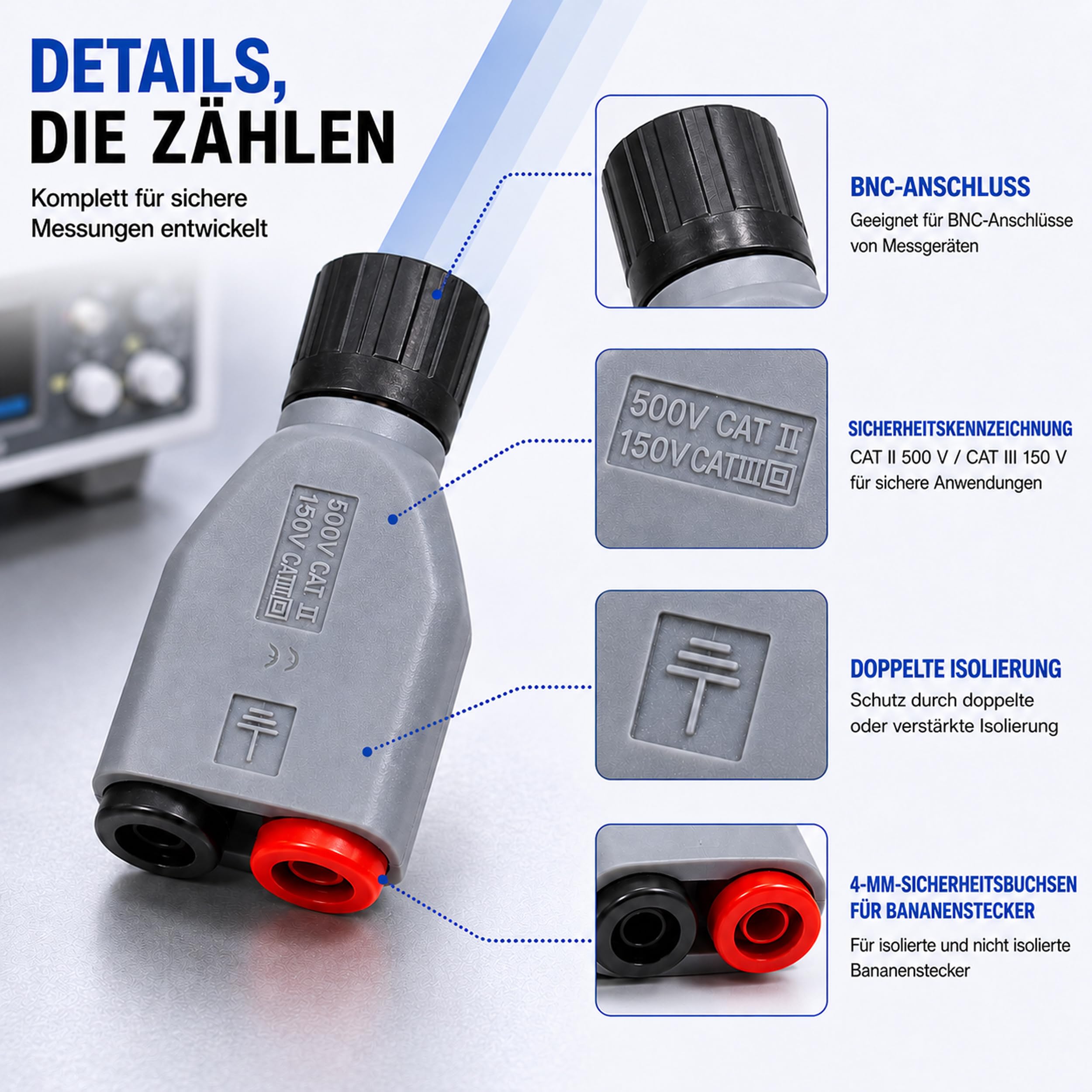 PeakTech 7055 - BNC zu 4mm Adapter Stecker für Oszilloskope, berührungssicher
