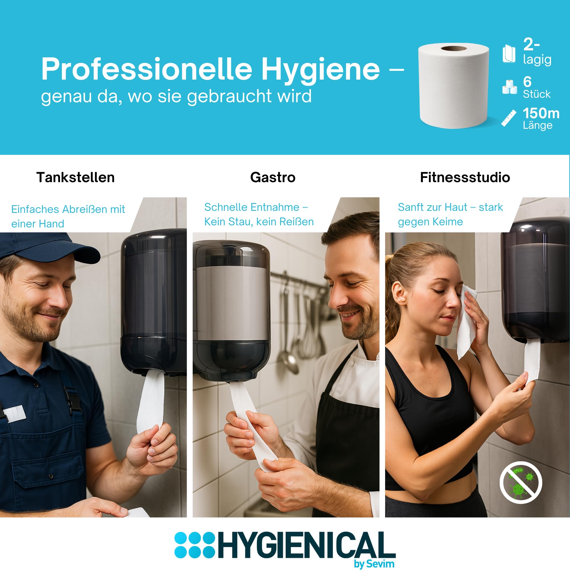 Papierhandtücher 2-lagig für Werkstatt & Gastronomie – ca. 150 m Papierrolle perforiert mit Spiral-Kern – saugstarkes Putzpapier für Spender – hygienische Reinigungstücher Industrie & KFZ