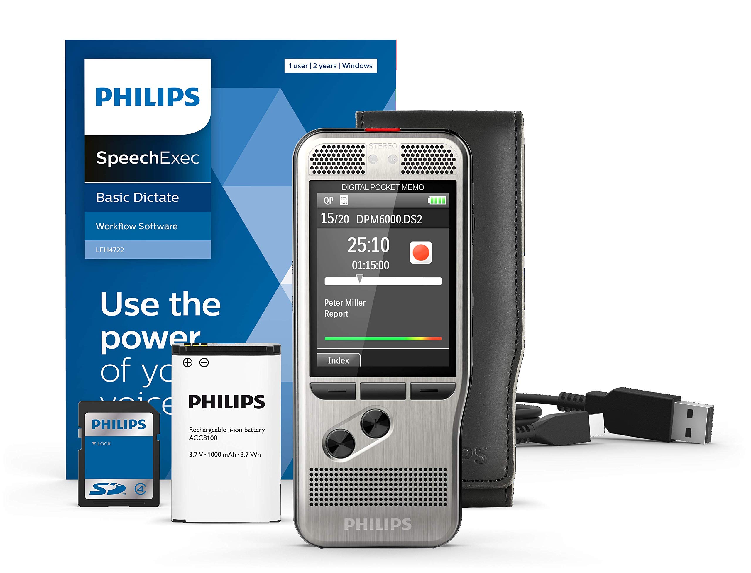 Philips PocketMemo DPM6000 Digitales Diktiergerät, Audiorecorder, Aufnahmegerät inkl. Diktiersoftware SpeechExec Basic 2-Jahres-ABO
