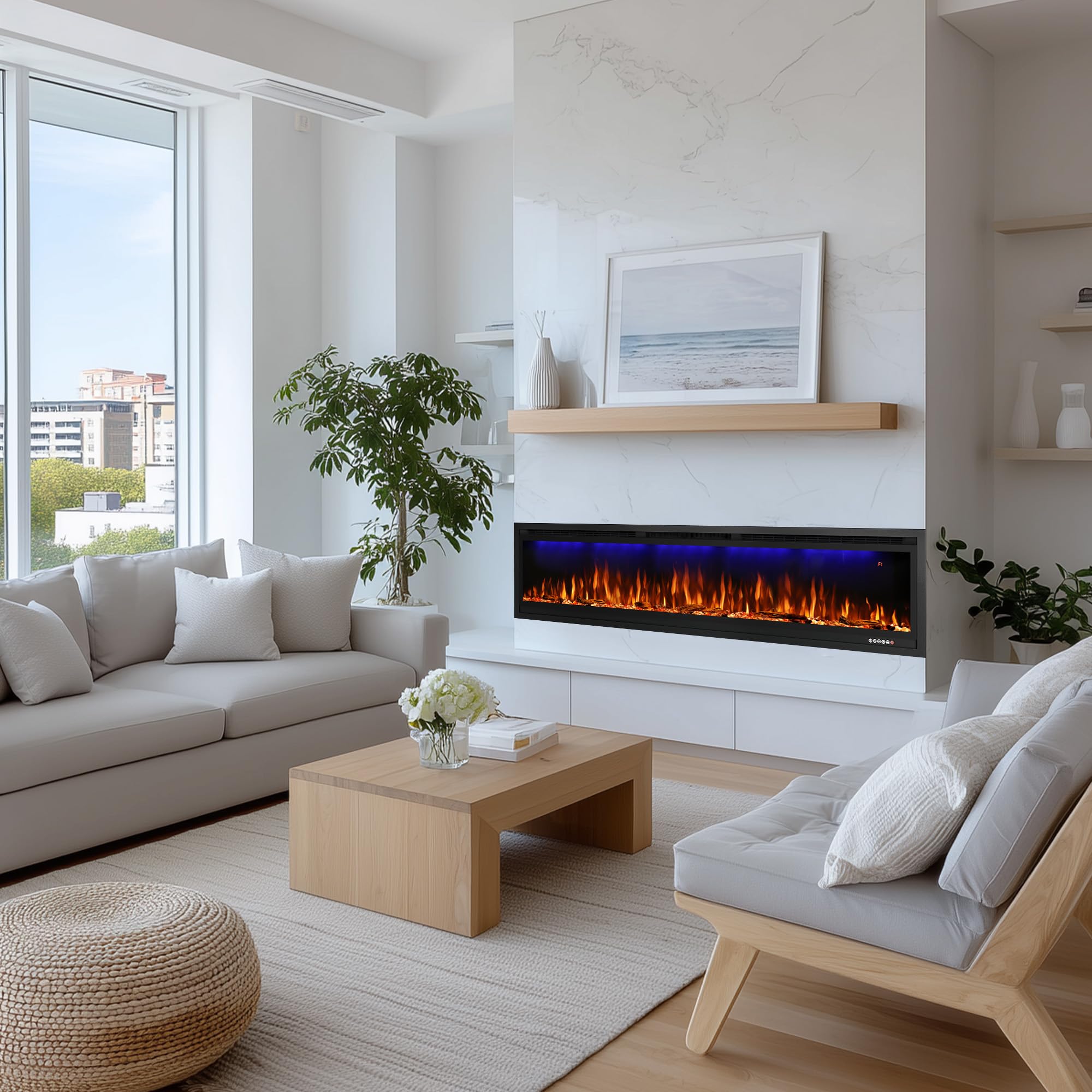 107cm/42" Camino elettrico con 3 Colori di fiamma e Luce Superiore, Termostato, 750W/1500W, Timer, Incastrato e Montato a Parete