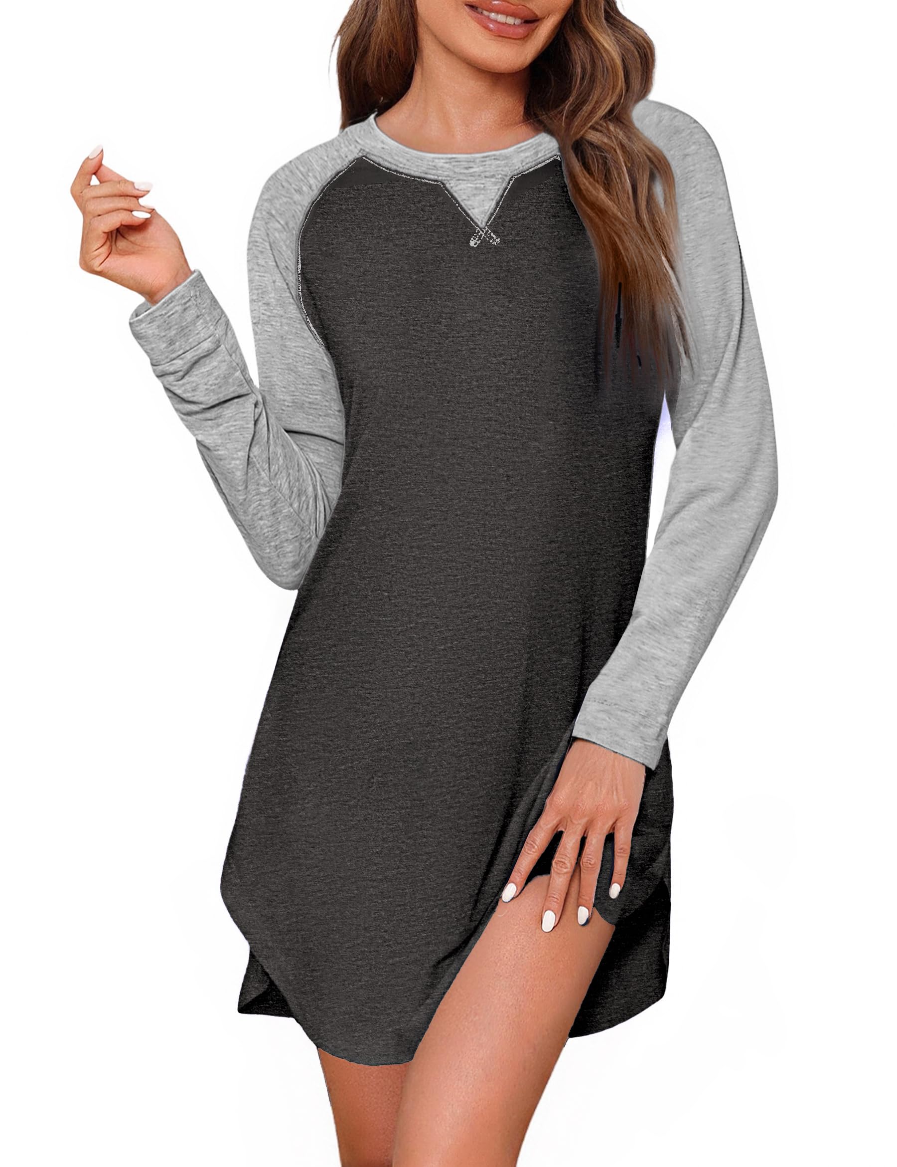 Uniexcosm Nachthemd Damen Langarm Kontrastfarben Schlafshirt Baumwolle Nachthemden für Frauen mit Rundhalsausschnitt Sleepshirt Sleepwear