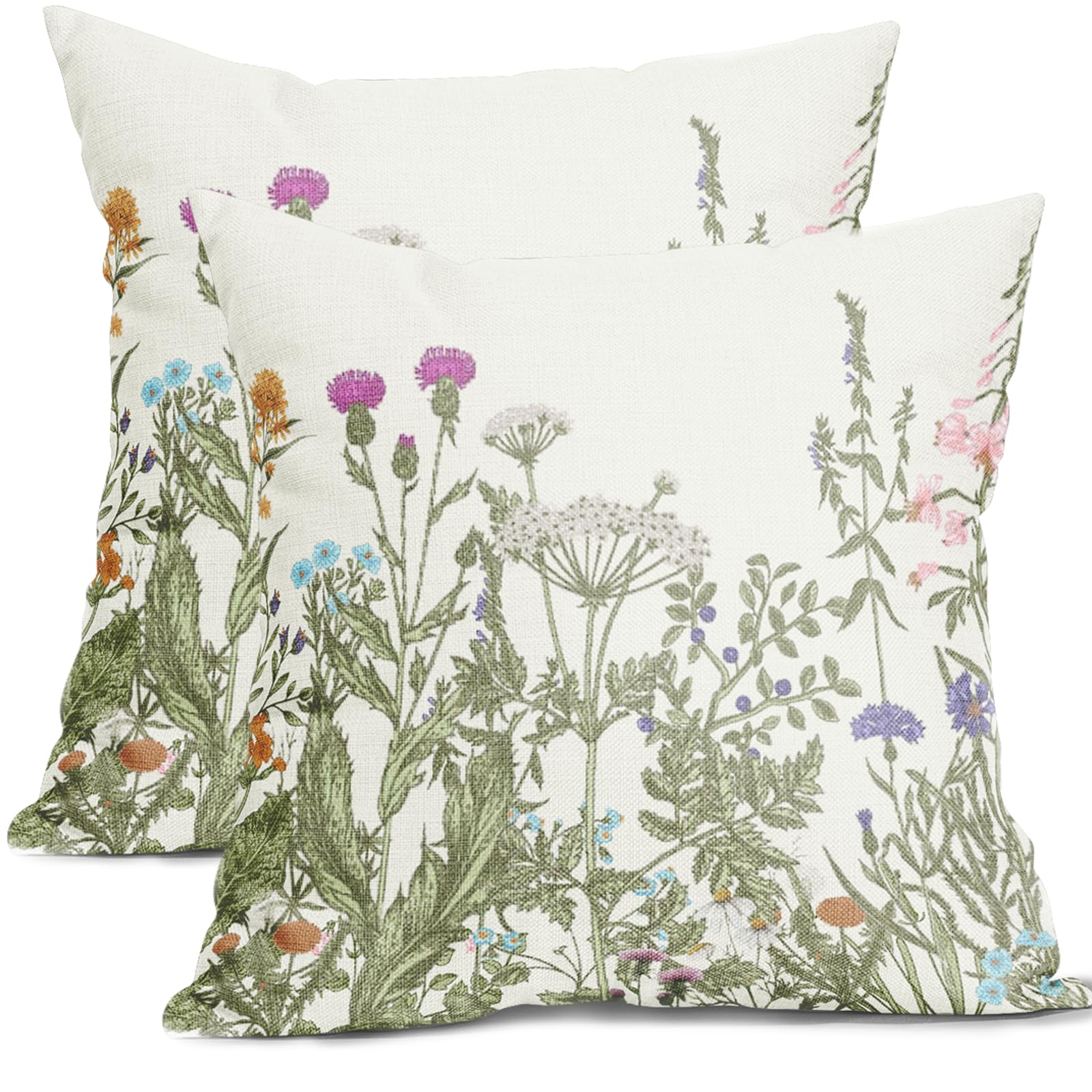 Sage Green Floral Pillow Covers 18x18 Inch Set of 2 Spring Summer Wild Flowers Plant Throw Pillow Covers Vintage Rustic Farmhouse Pillow Cases Cotton Linen Cushion Covers for Couch Bed Sofa Home Decor