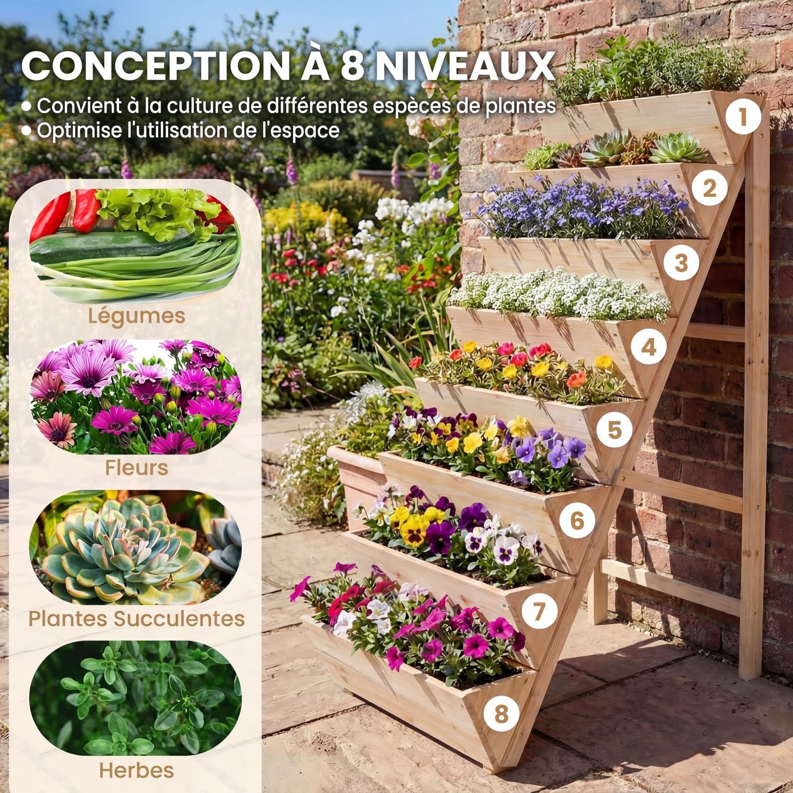COSTWAY Jardinière Verticale Surélevée à 8 Niveaux (Naturel)