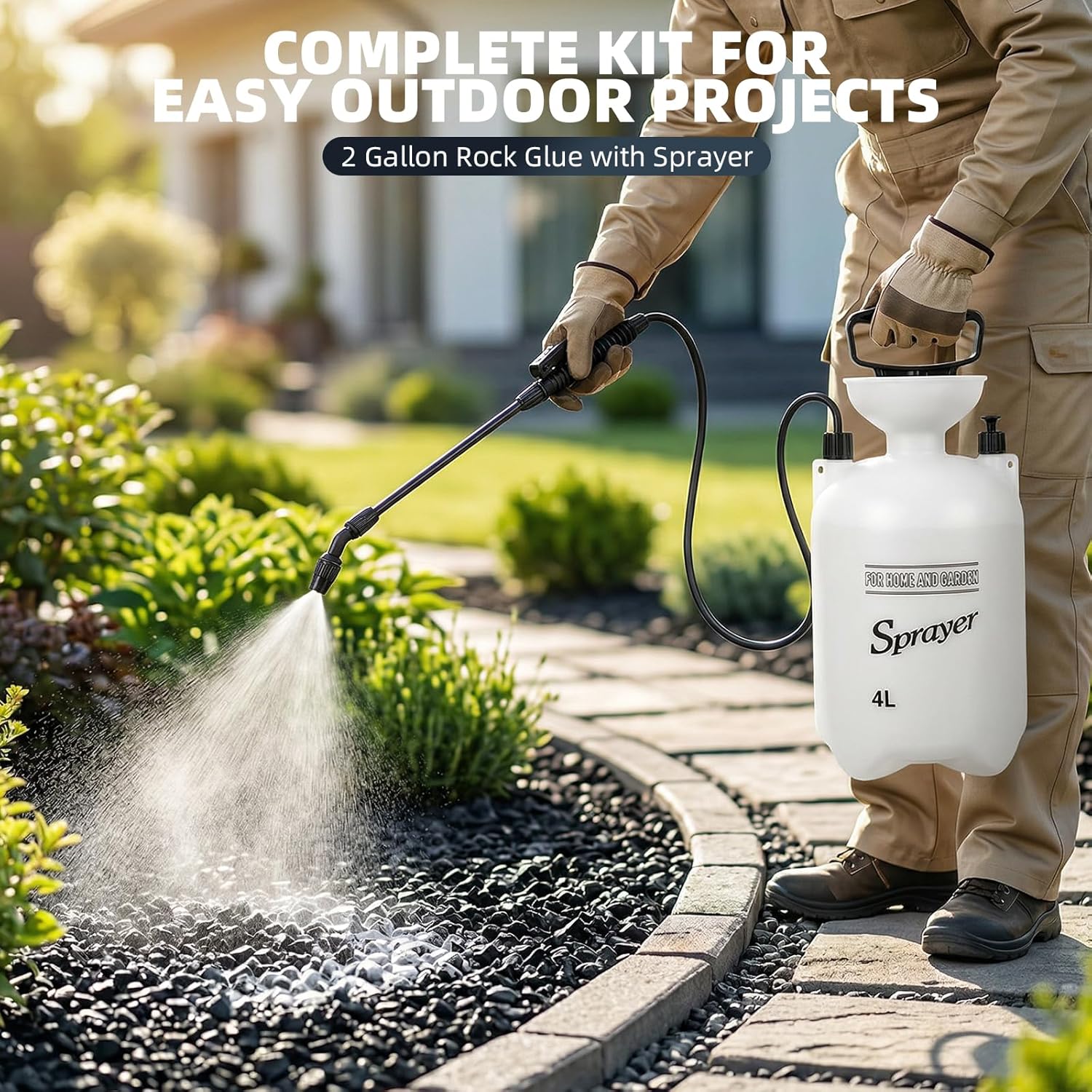 1 Gallon Pump Sprayer for Lawn & Garden – Heavy-Duty Hand Pressure Sprayer with 16” Long Wand, 4 Nozzles, Adjustable Spray, Leak-Resistant Garden Sprayer for Rock Mulch Glue