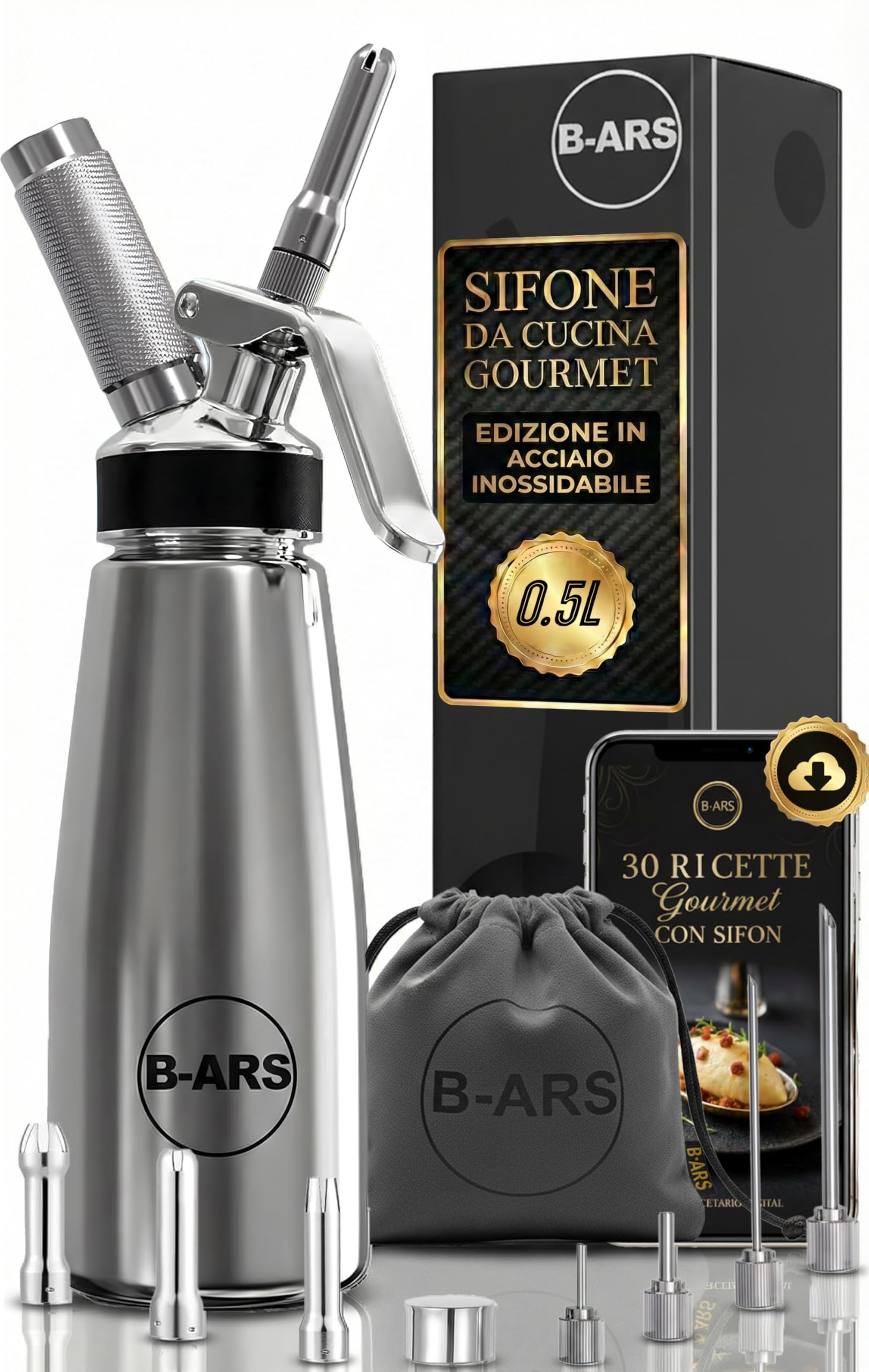 B-ARS-Sifone Cucina Professionale Acciaio Inox 500ML Con Accessori Completi Per Panna Montata Spume Salse Include Bocchette Spazzola Ebook Facile Da Pulire Per Uso Domestico