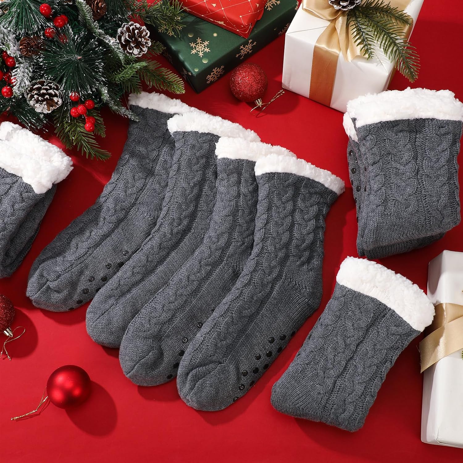 Ramede 6 Pairs Slipper Socks for Women with Gripper Winter Non Slip Thick Fuzzy Socks Warm Gift - Image 2