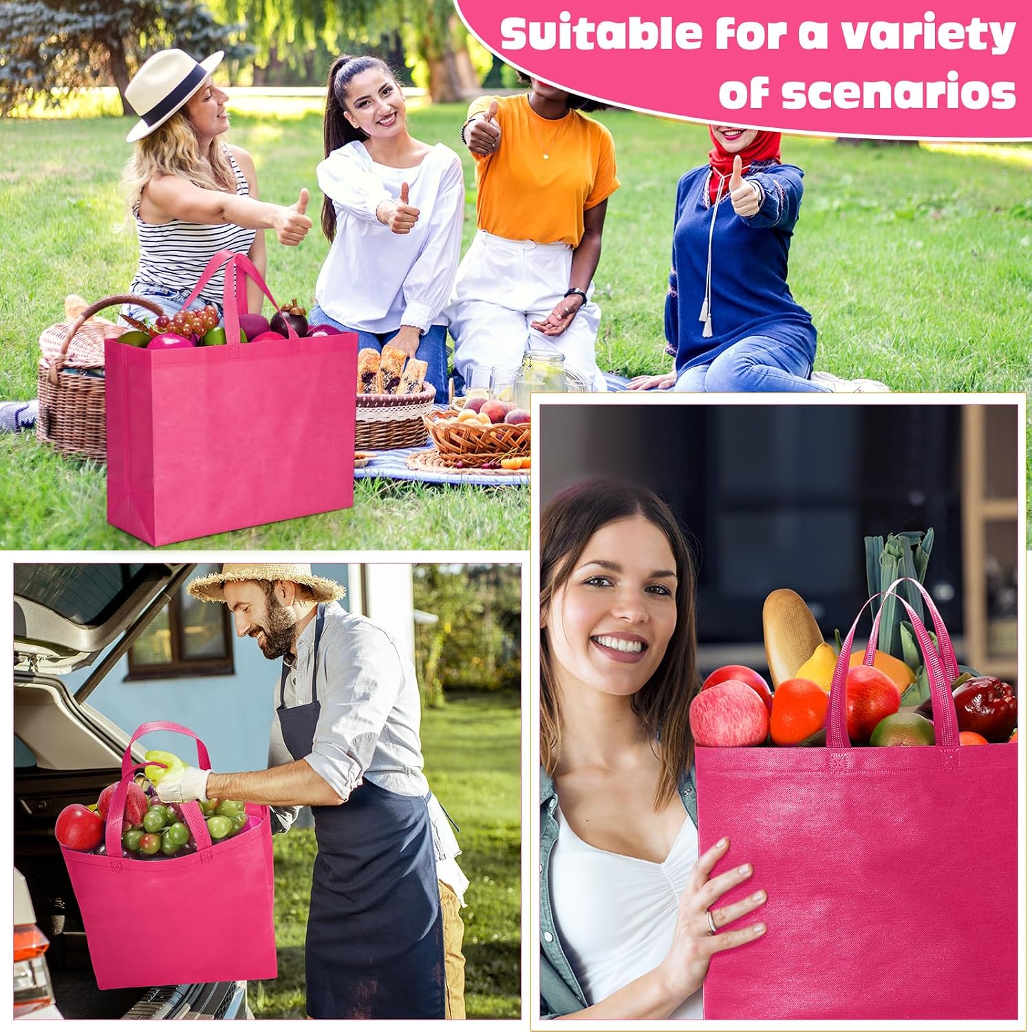 windyun reusable grocery bags large non woven shopping bags with handles foldable portable tote, 16x6x12 inch rose red 200