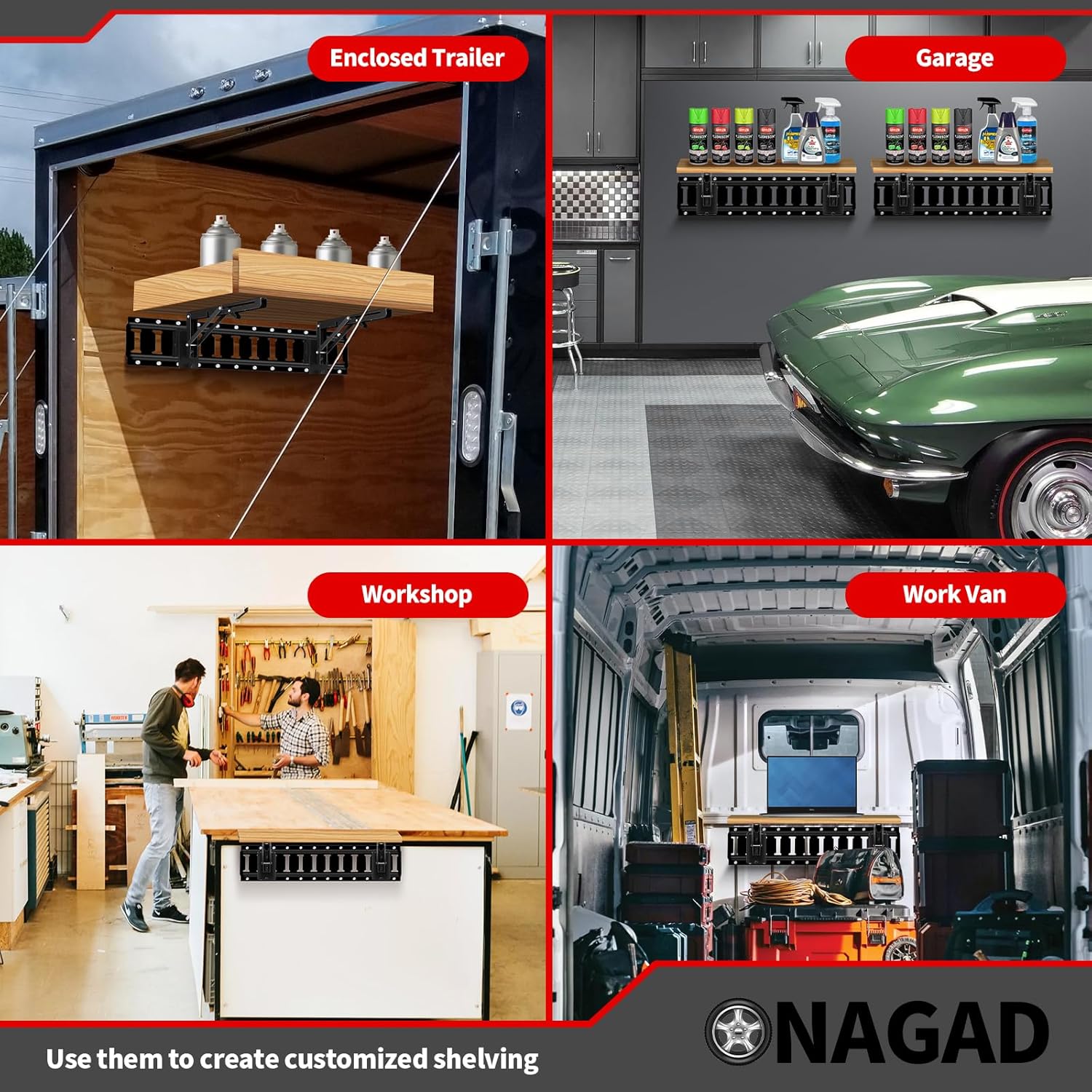 8 Inch E Track Folding Fixed Shelf Brackets 2 Pcs Black Heavy Duty Metal DIY E-Track Collapsible Shelf Hinge Etrack Accessories for Workbench Table Shelves in Enclosed Trailer, Truck, Garage,Warehouse