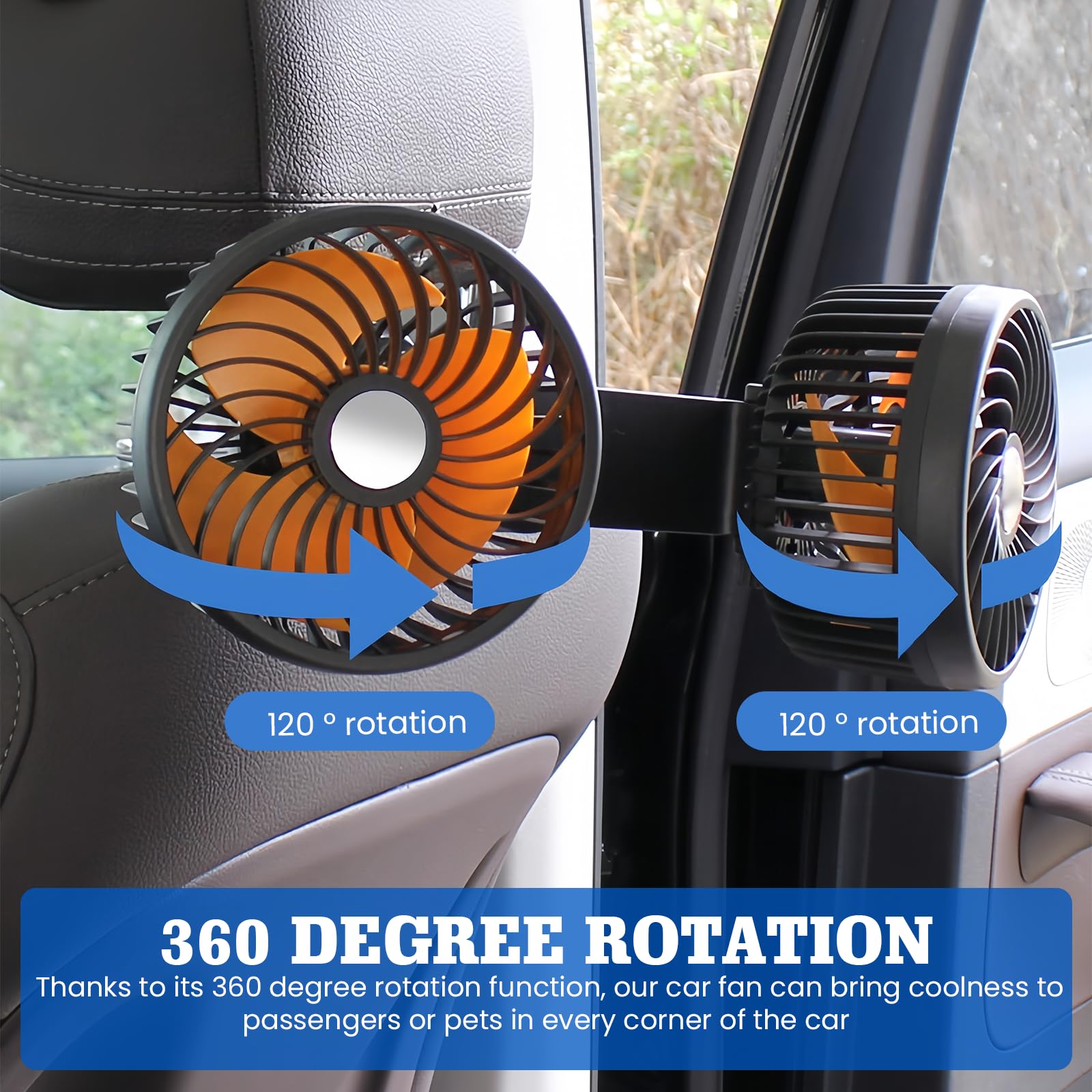 Ventilatore per auto, 12V/24V ventilatore per auto presa accendisigari, 3 velocità, doppia ventola girevole a 360 gradi, regolabile, ventola di raffreddamento, ventola a doppia testa per poggiatesta