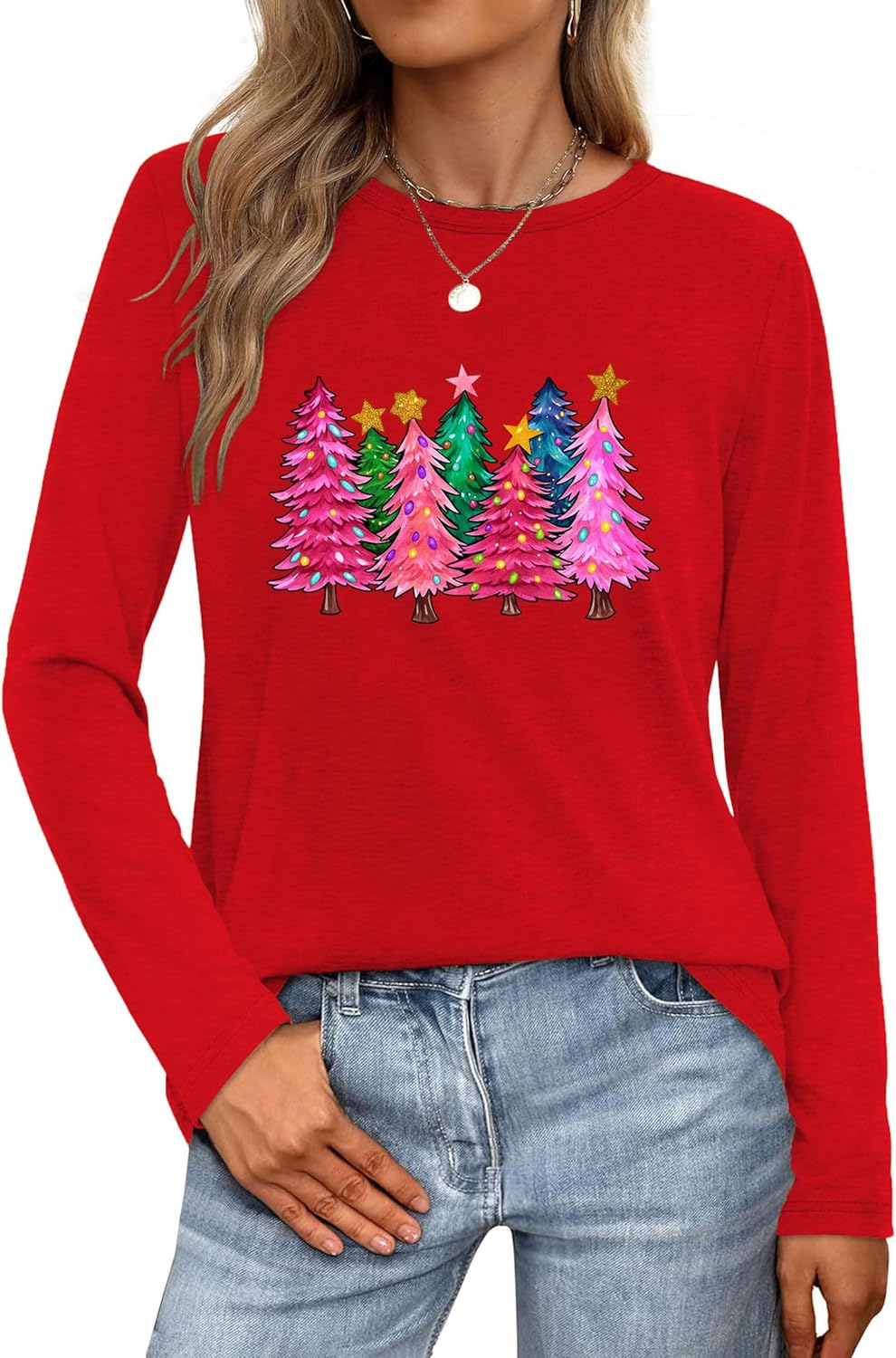 Women's Christmas Shirts Long Sleeve Merry Christmas Tree Shirts for Women Xmas Holiday Party Tees Tops