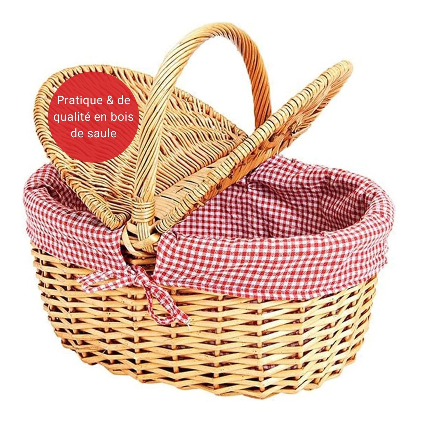 WOMA Panier en Osier Avec Doublure Rouge à Carreaux Blancs - Naturel Tressé Avec Couvercle & Anse - Pour Courses, Pique-Nique ou Cadeau