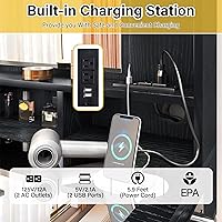 Vista 13 de TC-HOMENY Escritorio de maquillaje con parte superior de cristal, tocador con soporte para herramientas para el cabello y estación de carga, 2