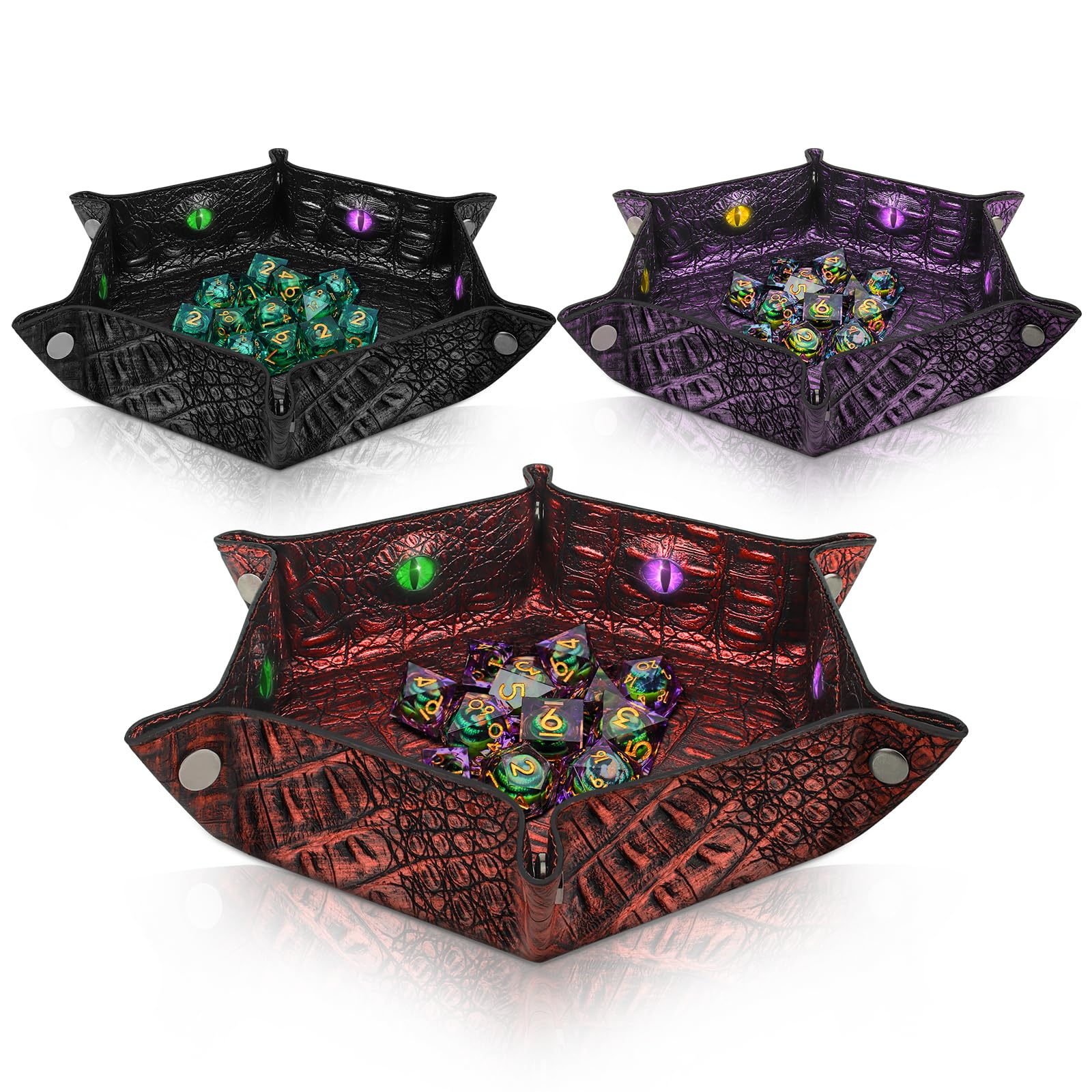 Byhoo 3-Piece Crocodile Pattern Dice Tray Set, Foldable Hexagonal Glow-in-the-Dark Eye Dice Tray, Perfect for RPGs, DND, and Tabletop Games (Black, Purple, Red)
