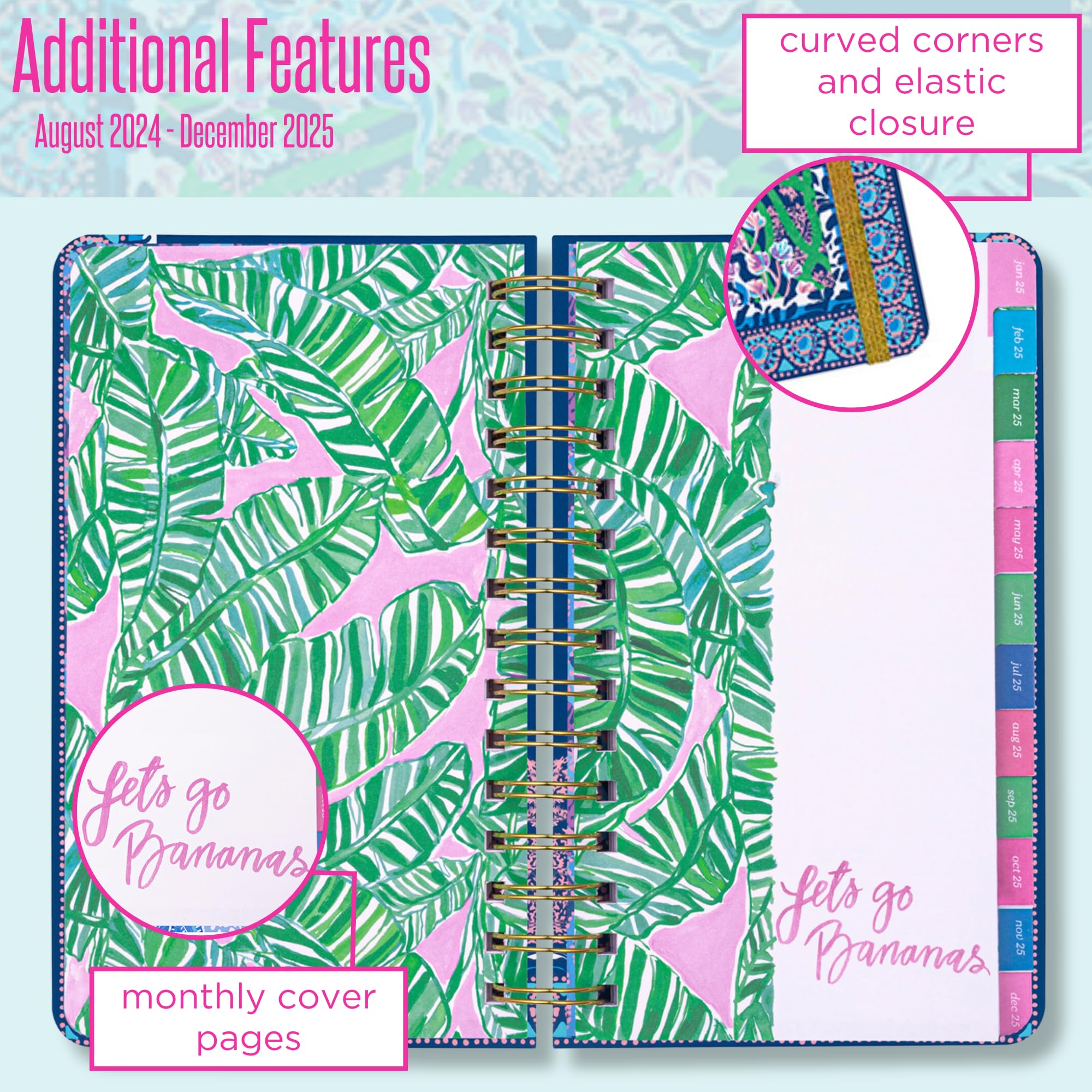 Lilly Pulitzer Średni planer sierpień 2024-grudzień 2025, kalendarz tygodniowy i miesięczny, naklejki, kieszenie, oprawa spiralna, inżynieria tajnej ucieczki