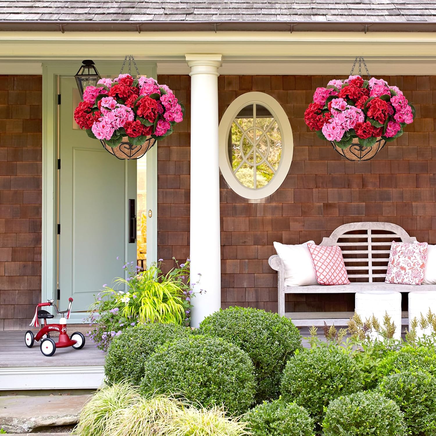 Waipfaru 2 Set Artificial Geraniums for Outdoors with Hanging Baskets, 12 Bundles UV Resistant Artificial Outdoor Plants, Fake Flowers for Spring Front Porch Home Patio Balcony Yard Decor, Mixing