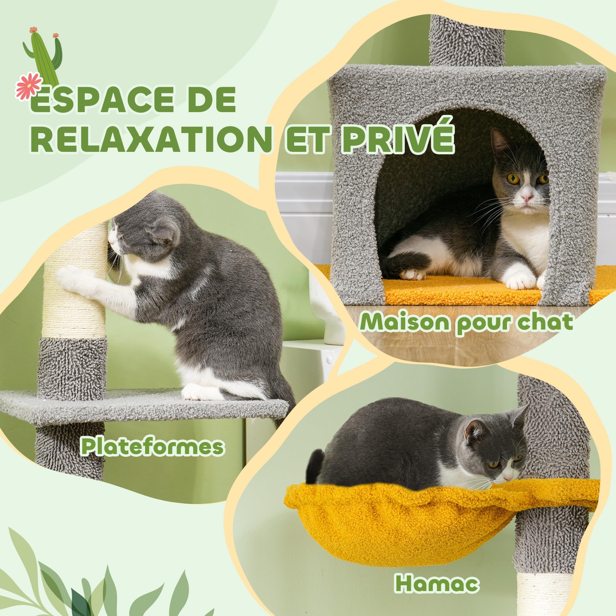 PawHut Árbol para Gatos de Suelo a Techo, Altura 275 cm, Torre de Juegos para Gatos, 6 Niveles, con Plataformas, Perrera, Hamaca, Pelota, Postes rascadores, para trepar, rascar y Jugar, Gris Claro | Torre de juegos para gatos, plataformas, nicho, pelota,