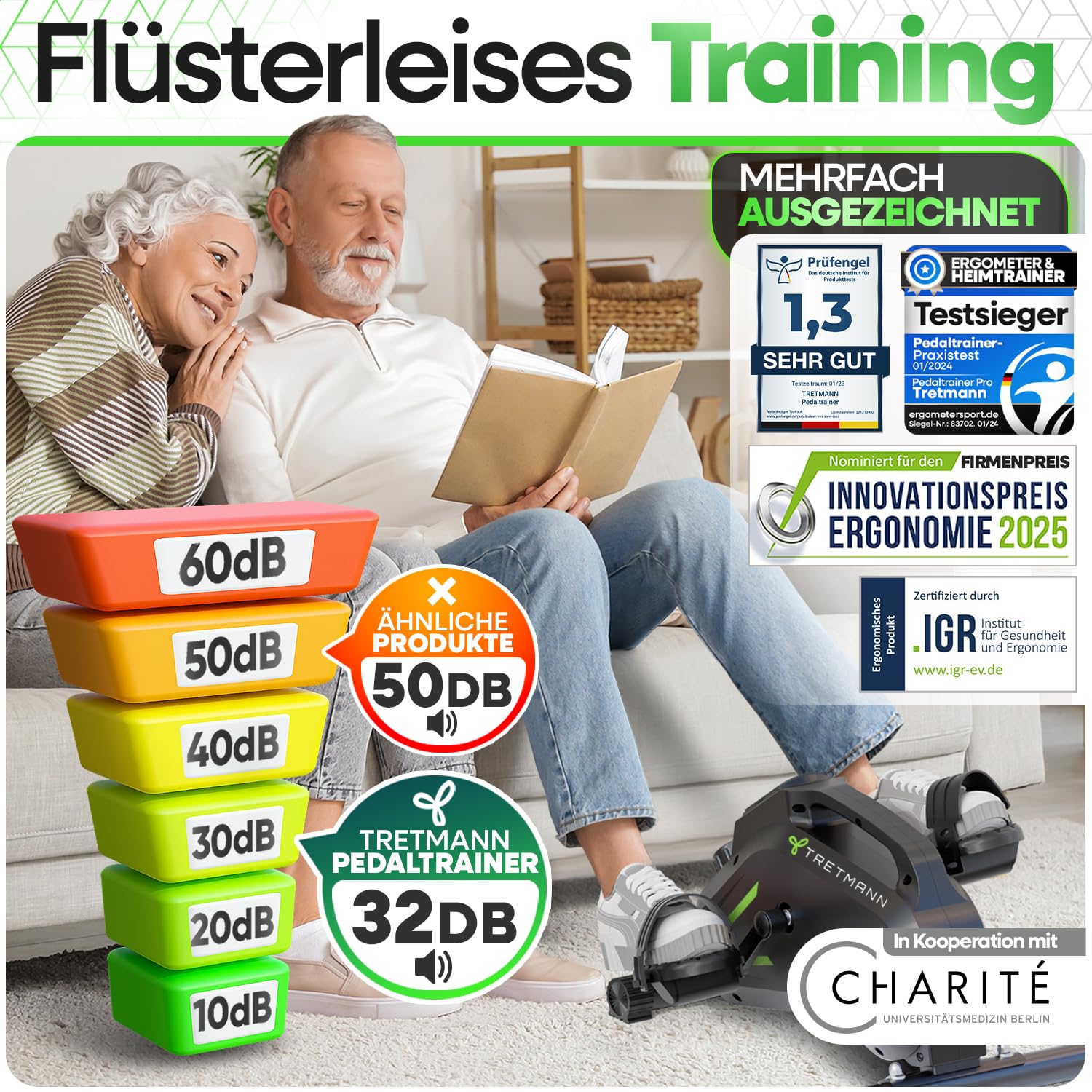 Tretmann Pedaltrainer Pro Set [Das Orginal] extra Leise & gelenkschonend + Anti-Rutsch-Matte & Befestigungsband -DEKRA Geprüft- Beintrainer für Senioren Heimtrainer senioren Mini Bike tischfahrrad