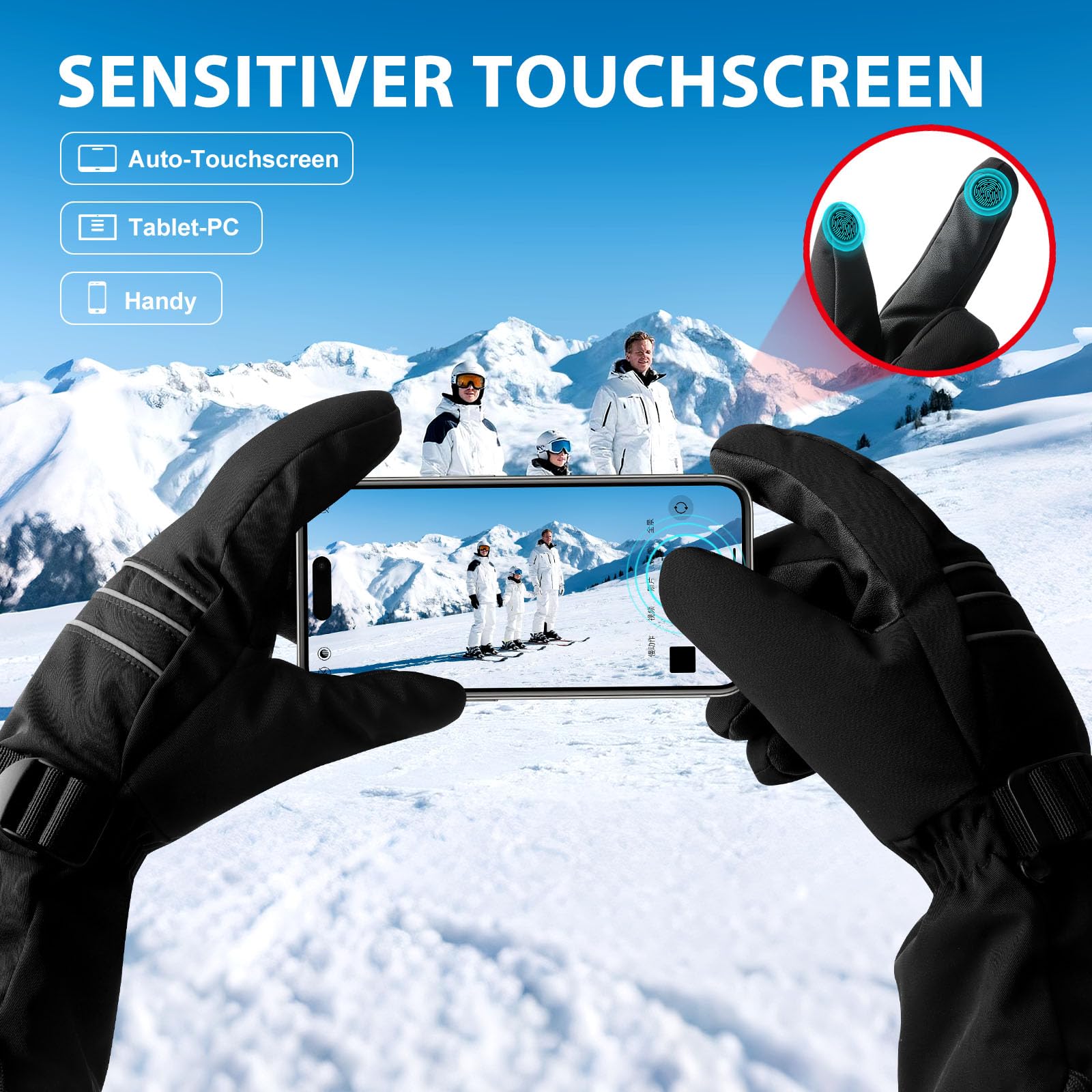 Beheizte Handschuhe für Männer oder Frauen, 7,4V 3200mAh Elektrische Batterie, Selbstheizende Handschuhe für Wintersport (Mitternachtsschwarz, L)
