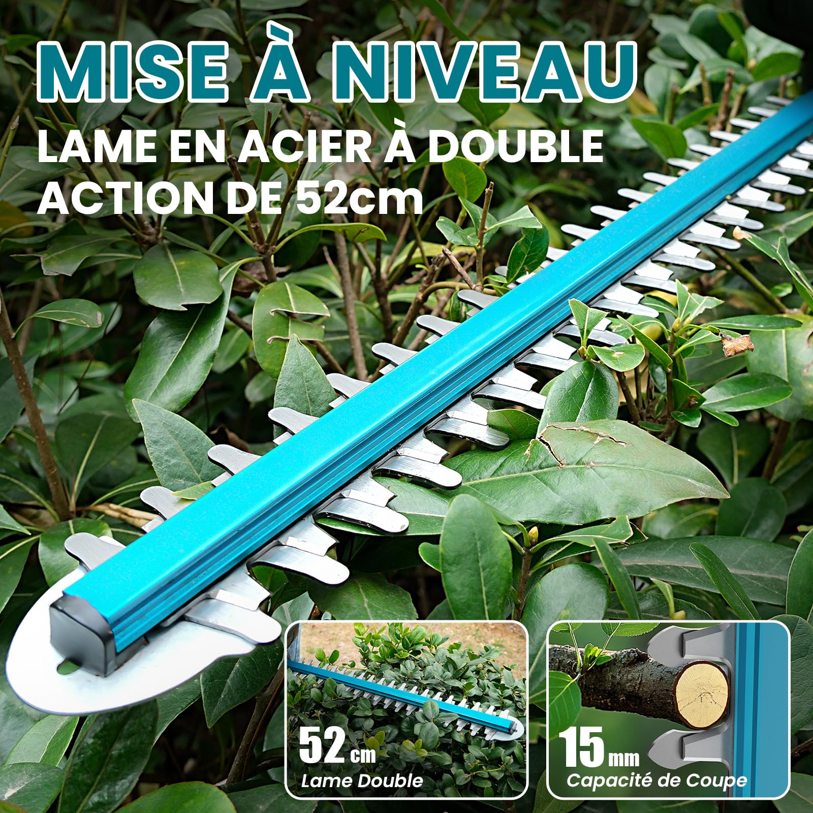 Taille Haie Batterie avec 2X 4000mAh Batteries et Chargeur, Moteur Brushless 600W 28500rpm, Taille Haie Electrique sans Fil avec Lame 52cm, Taille-Haies Électriques pour Jardin
