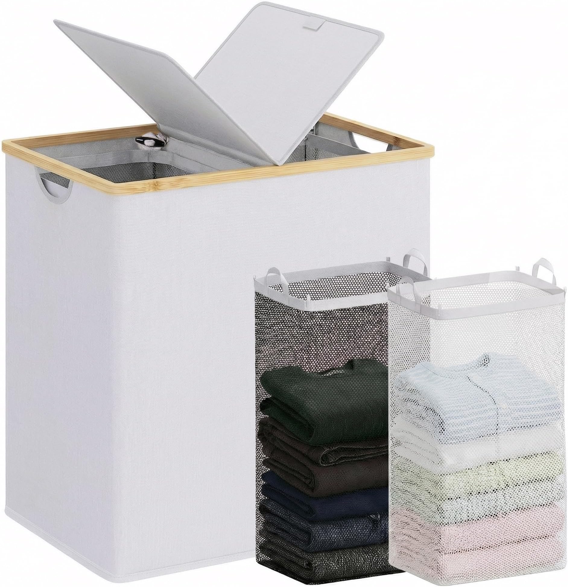 Laundry Hamper with Lid, Double Laundry Basket with 2 Removable Bags, 2 Section Laundry Bin with Bamboo Handles for Bathroom, Bedroom & Laundry Room, 140L (36.9 Gallon) Light Grey