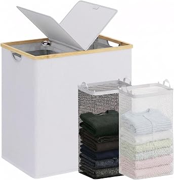 efluky Double Laundry Basket with Lid, Divided Laundry Basket with Removable Bag, 2 Section Dirty Clothes Basket with Handles for Bathroom, Bedroom, Laundry Room, 140L Beige