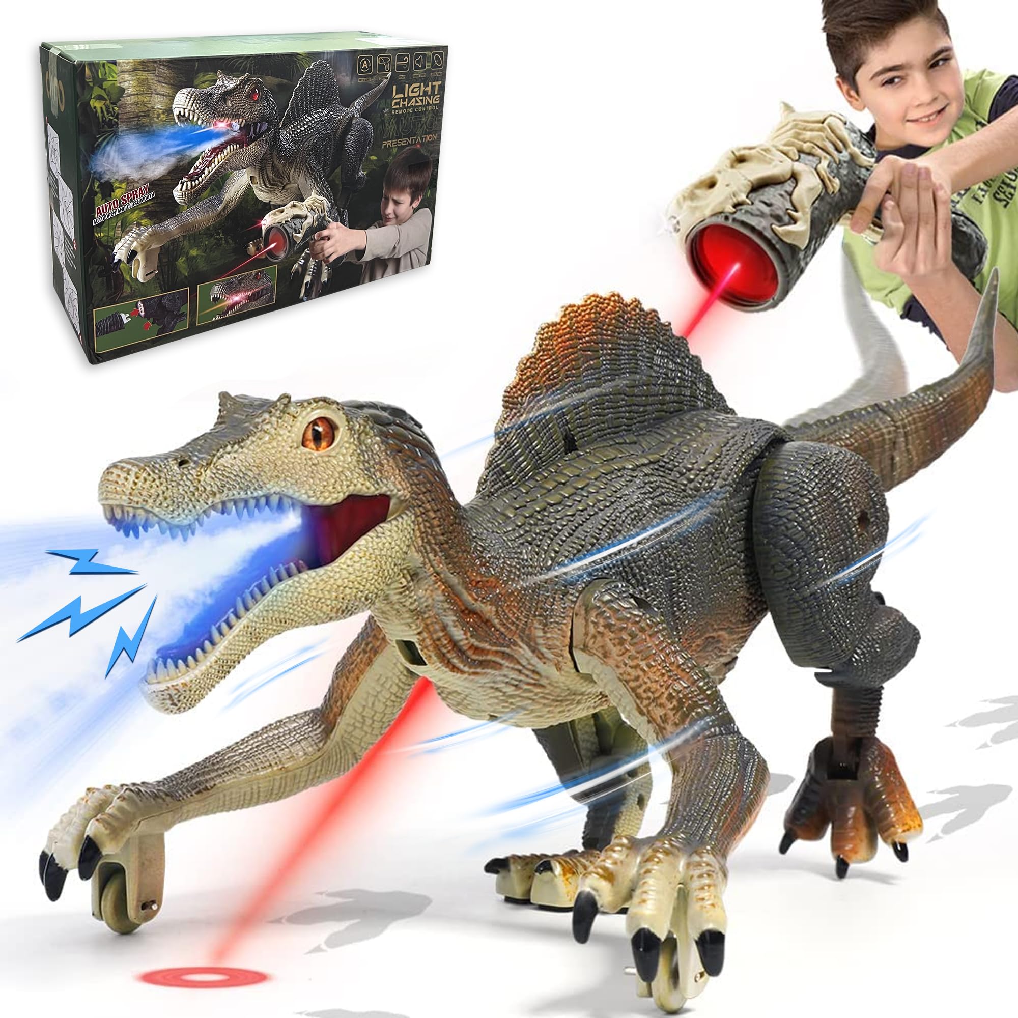 Dinosaurs Toys for Kids, Remote Control Spinosaurus with Indicator Light Chasing & Spray & Roar, Stocking Stuffers for Kids Boys 3 4 5 6 7 8 Year Old Xmas Gifts Toddler Toys