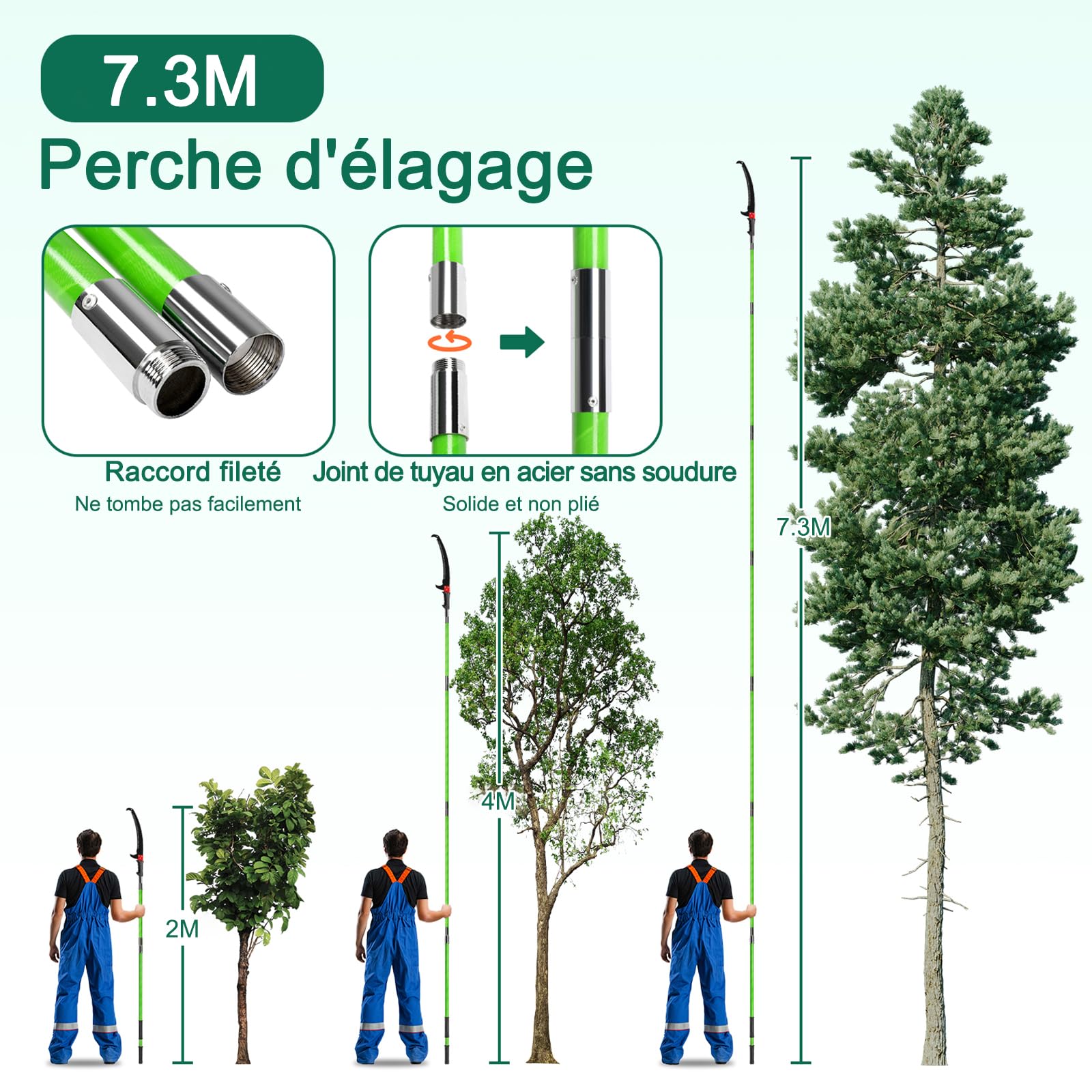 LEADZM Sega per potatura telescopica 2-7,3 m Sega a asta estensibile Lama in acciaio affilata con 7 pali in fibra di vetro forbici taglio rami alti per potatura palme arbusti