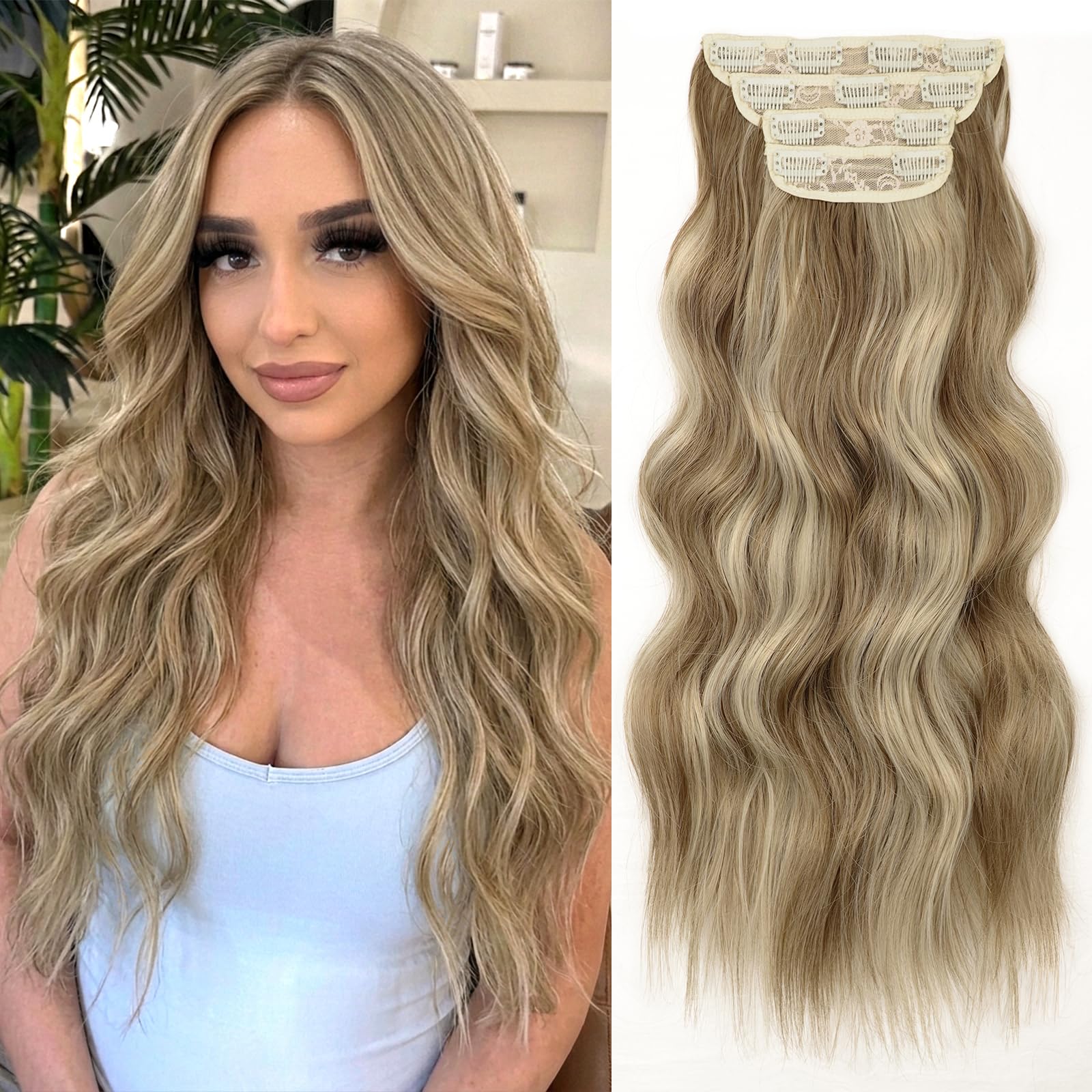 Photo 1 of KooKaStyle Clip in Synthetic Hair Extensions Long Wavy 4PCS Thick Hairpieces Ash Blonde Balayage Fiber Double Weft Natural Hair Extensions 20 Inch for Women