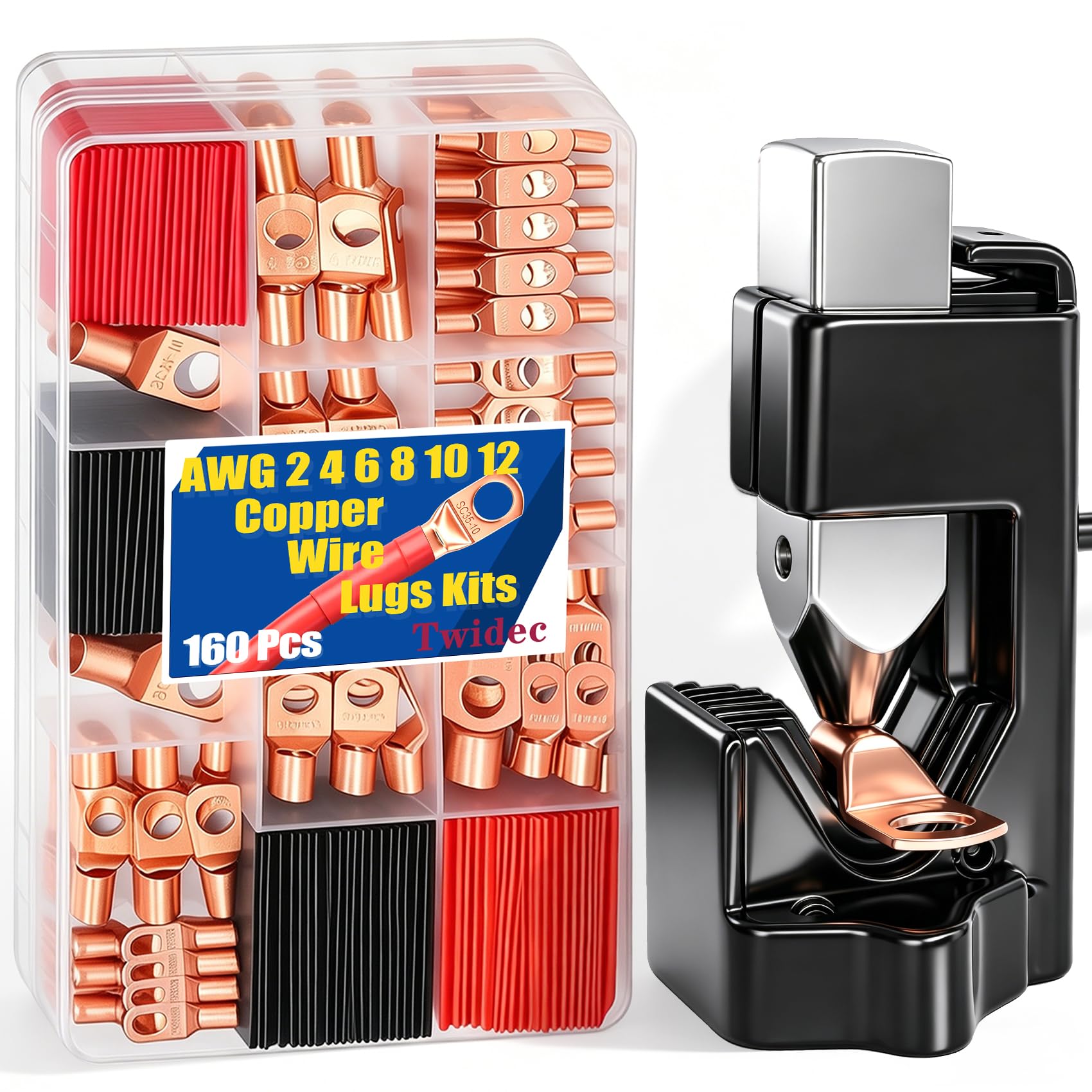 Twidec/160PCS Battery Cable Ends AWG 2 4 6 8 10 12 Gauge Copper Cable Wire Lugs,Ring Terminals Connectors,Copper Ring Terminals Connectors and Hammer Lug Crimper Tool 8 AWG to 0000 AWG 160PCS + Crimper Tool