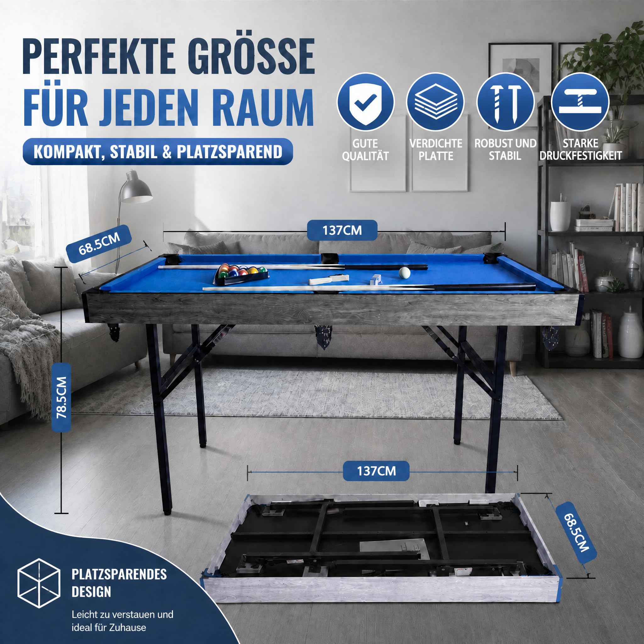 Multifunktions-Spieltisch 5 in 1 Klappbar mit Komplett-Zubehör, Multi-Game Tisch Billard, Tischtennis, Air Hockey, Bowling & Shuffleboard, Platzsparender Indoor Spieltisch für Wohnzimmer