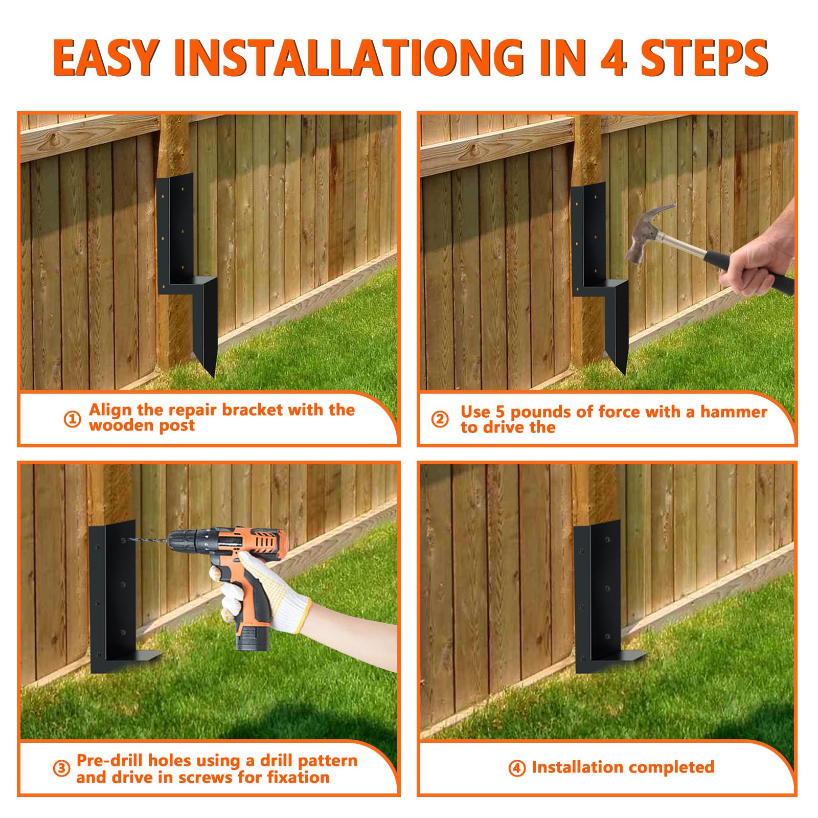 ITeVe.GD Fence Post Repair Stake Kits 4x4,Heavy Duty Steel Fence Anchor Ground Spike Fence Post Repair Brackets for Repairing Tilted/Broken Wooden Fence Posts - Set of 1