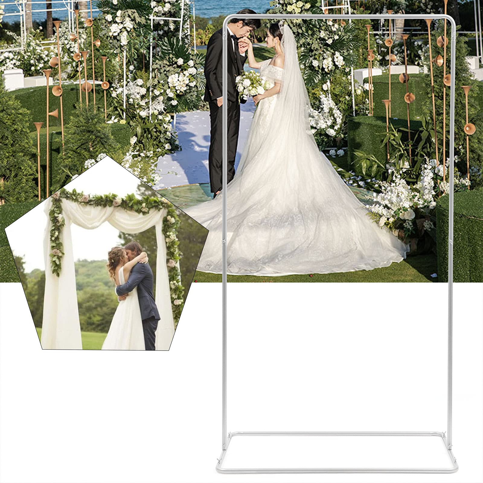 Hochzeitsbogen Eckig Ballonbogen,Metallrahmen Blumenregal Gestell Eisen Party TüRstäNder Hintergrund Hochzeit Bogen Wedding Arch Golden Ballon Ring Veranstaltungsort Dekoration, Weiß,105 * 62 * 200cm