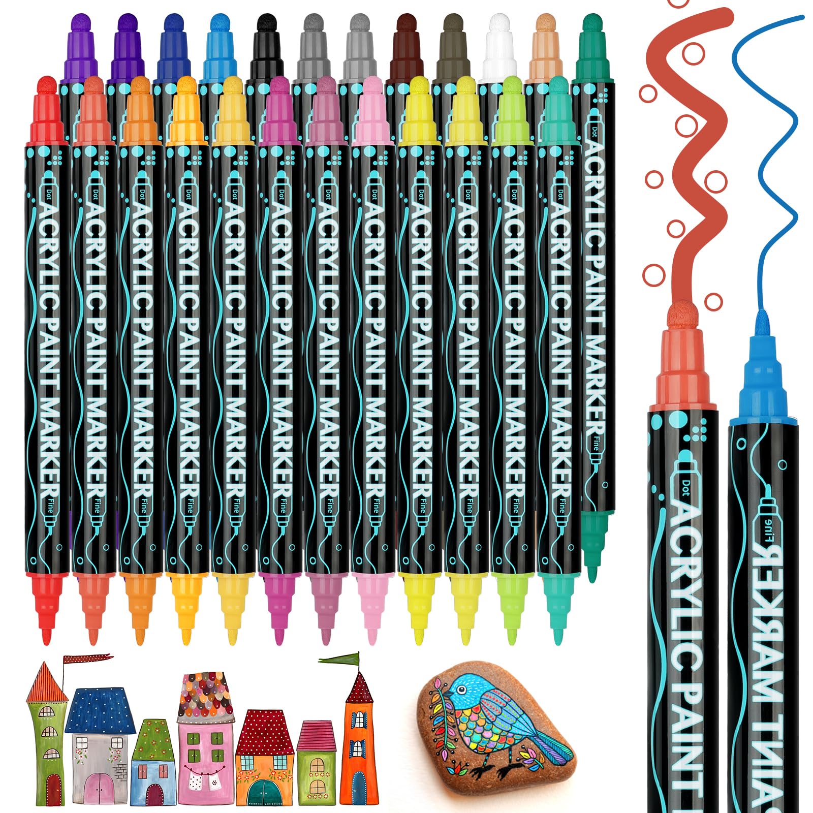 AUAUY 24 Colours Acrylic Double Ended Permanent Markers Brush Tip for Rock, Glass, Wood, Ceramic