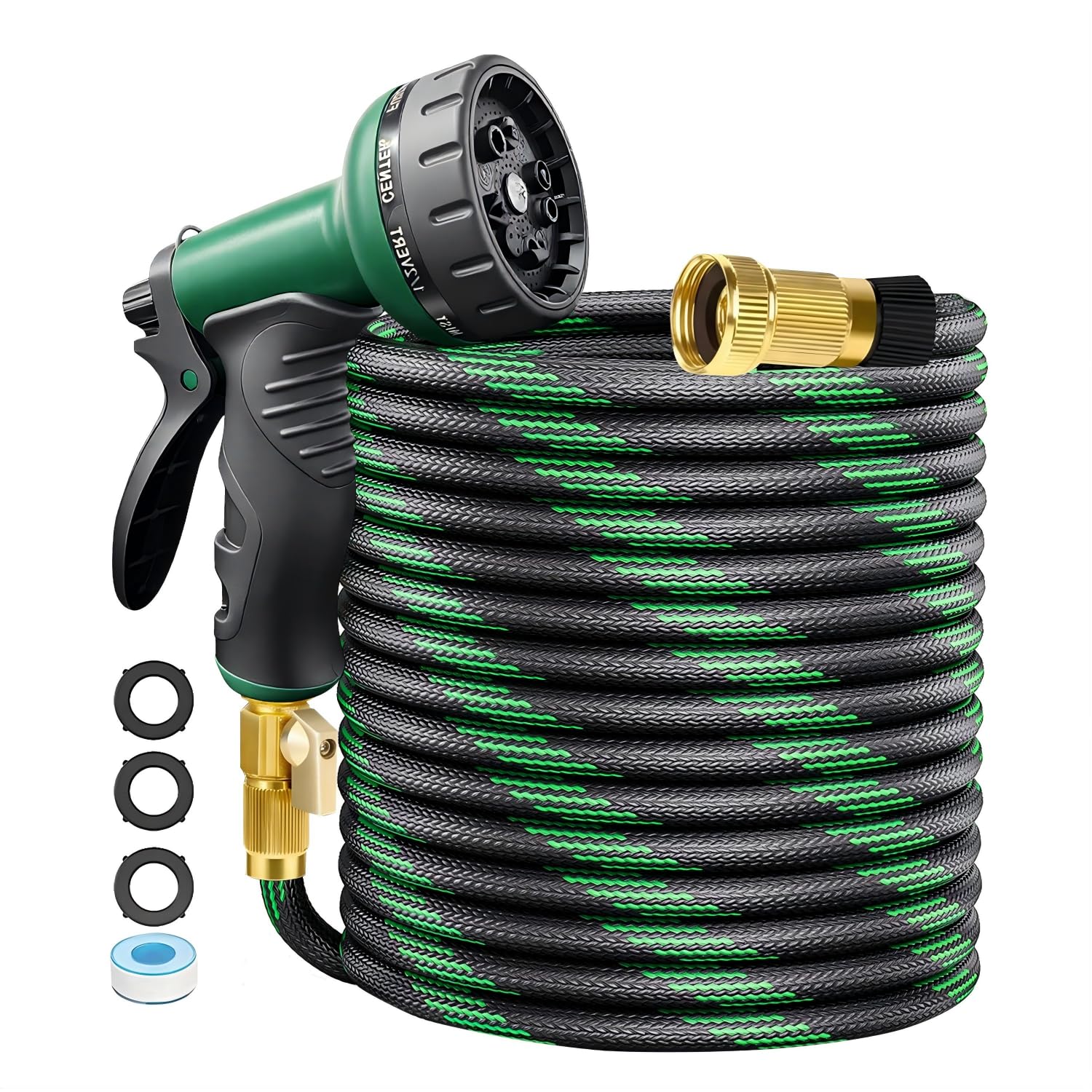 TATAANTY 50ft Non-Expanding Garden Hose with 10-Function Spray Nozzle, Lightweight Kink-Free Water Hose, 650 PSI Burst Pressure, Heavy Duty Leak-Proof Fittings (Green)