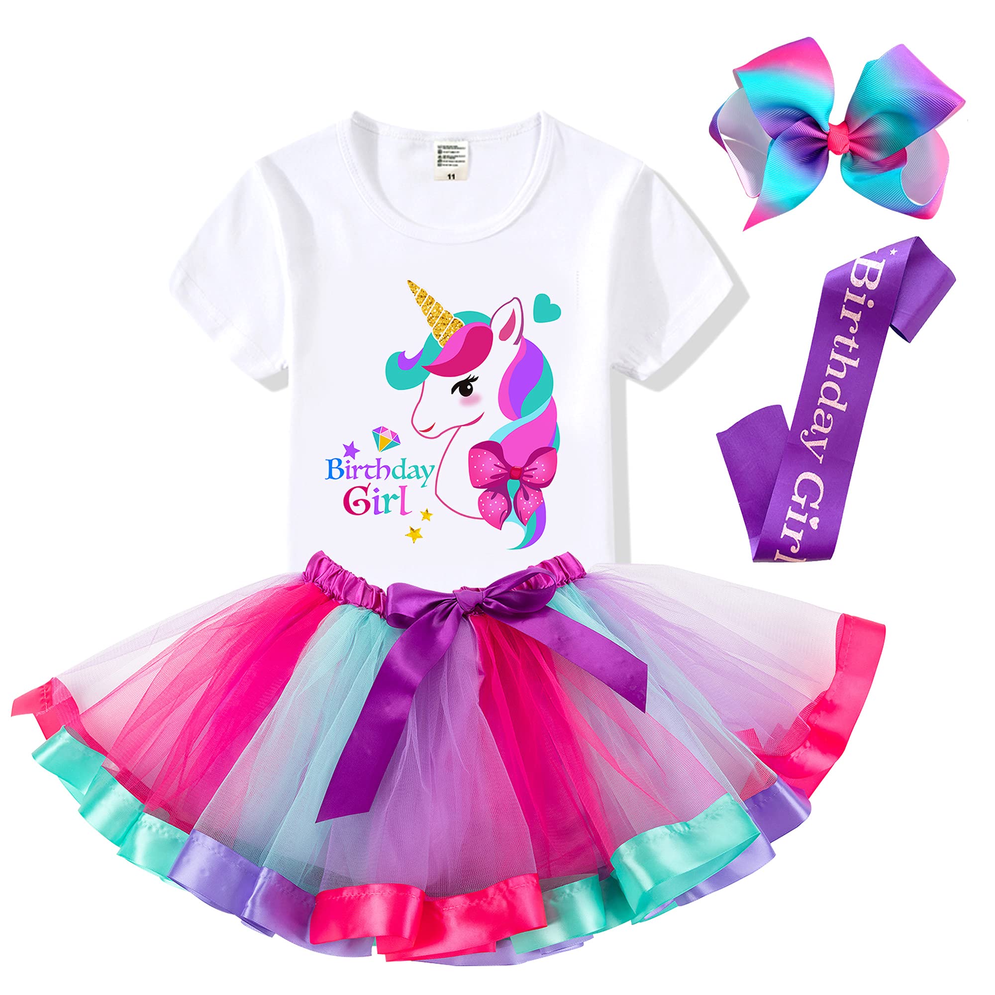 Birthday Girls Costume – Shirt, Tutu Skirt, Satin Sash, Headband - Unicorn Gifts for Girls