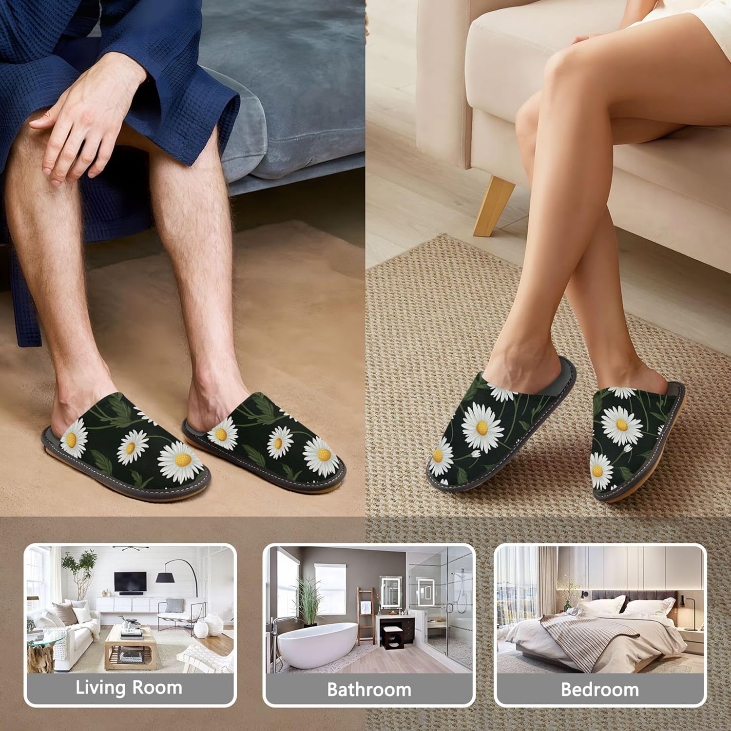 Daisy Flowers House Slippers – Cozy Fuzzy Slippers for Guests, Washable & Disposable, Perfect for Shoeless Home, Spa & Hotel Use A111437