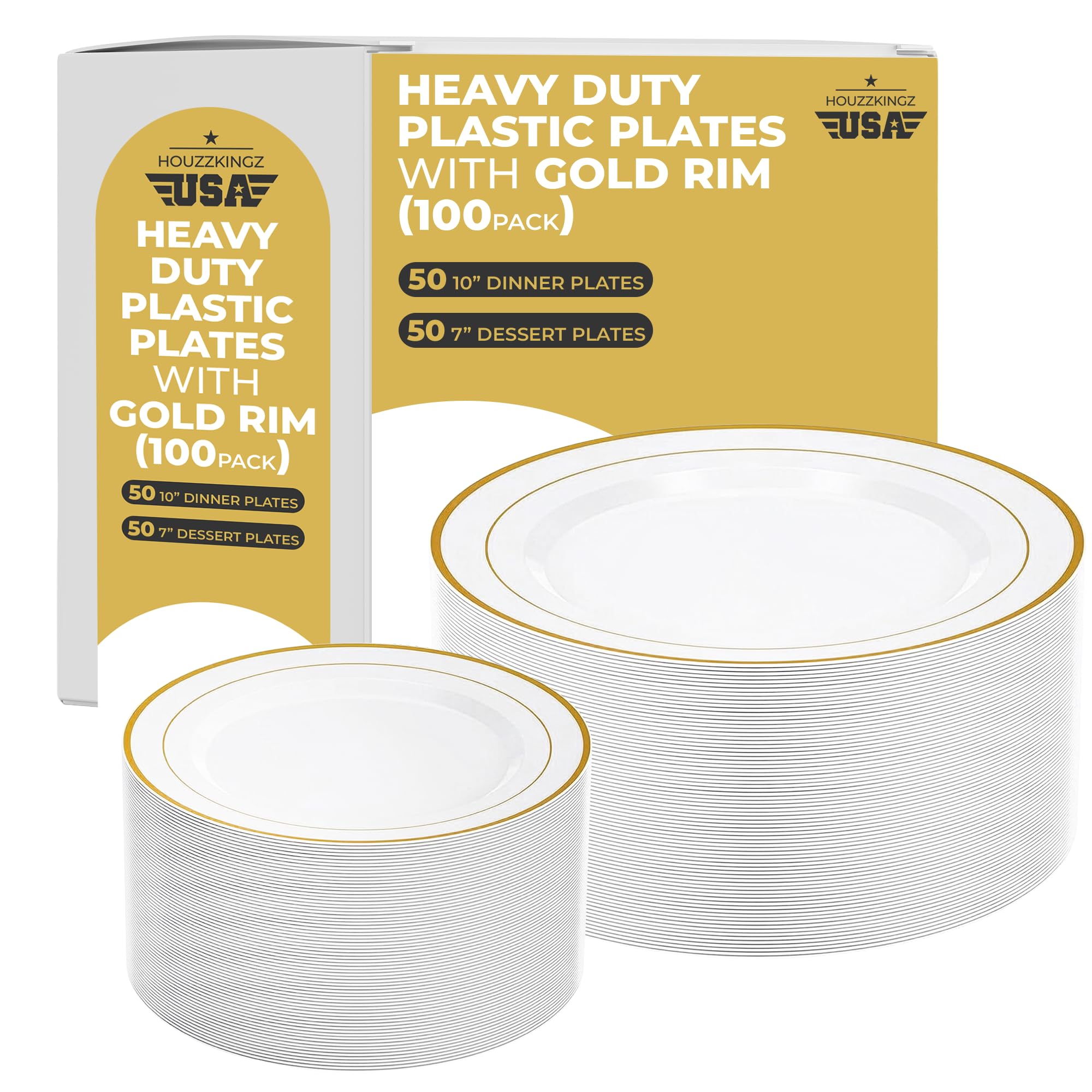 Photo 1 of 100 White and Gold Plastic Plates for Party - Fancy Disposable Heavy Duty 50 Dinner 10" & 50 Salad Dessert 7" Hard Elegant Plates Set with Gold Trim - Nice Premium Sturdy Rim Plate for Wedding Holiday