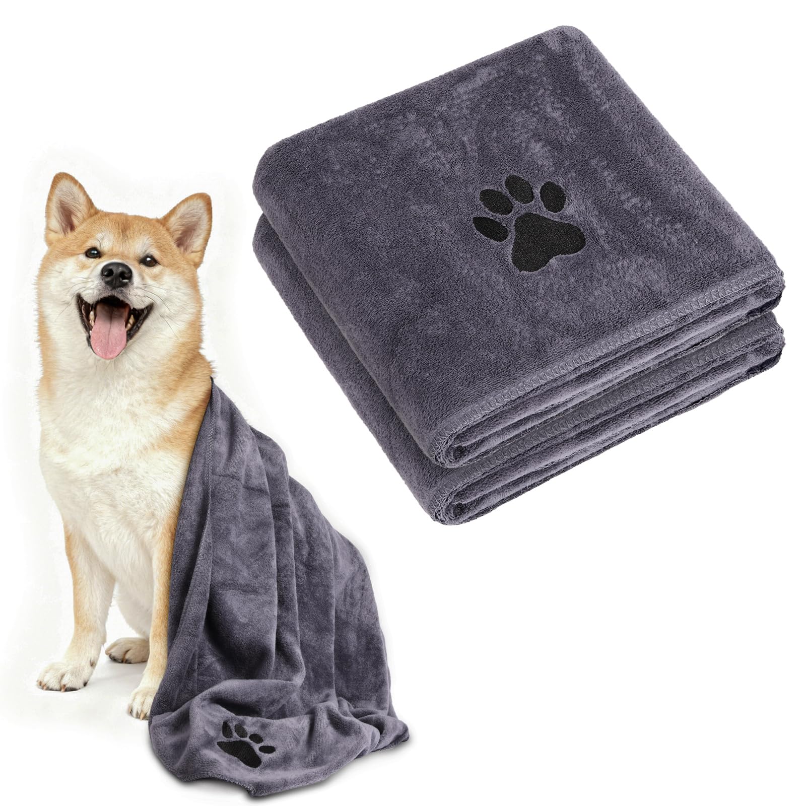 Adiwo 2 Stück Hunde Handtuch, 100 * 50 cm Hundehandtuch Extra saugfähig, Schnelltrocknend Haustier Mikrofaser Handtücher, Geschenk Geeignet für Hunde Katzen Oder Andere Haustiere, Grau