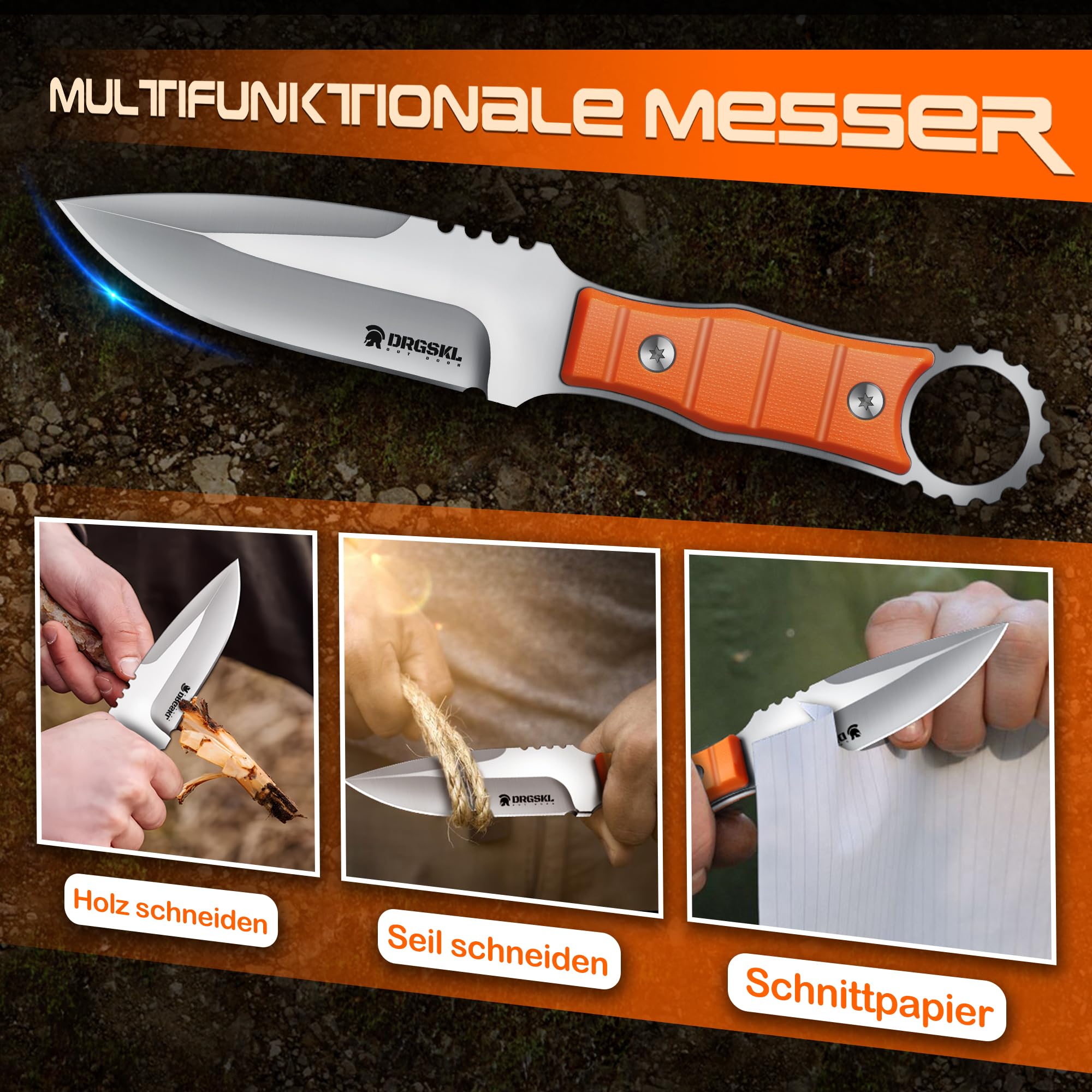 DRGSKL-Outdoor Messer Survival,aus D2 Stahl 3-in-1 mit Kompass Kydexscheide und Feuerstahl, EDC 9.3cm Klinge, Jagdmesser Mit Feststehende Klinge,Für Männer Camping Jagen Wandern Orange