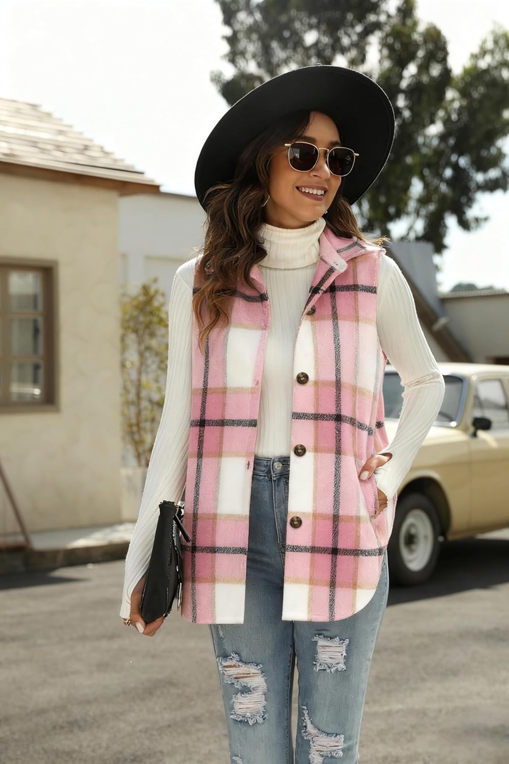 UANEO Womens Fall Flannel Plaid Vest Button Down Sleeveless Shirt Jacket With Pockets - Image 7