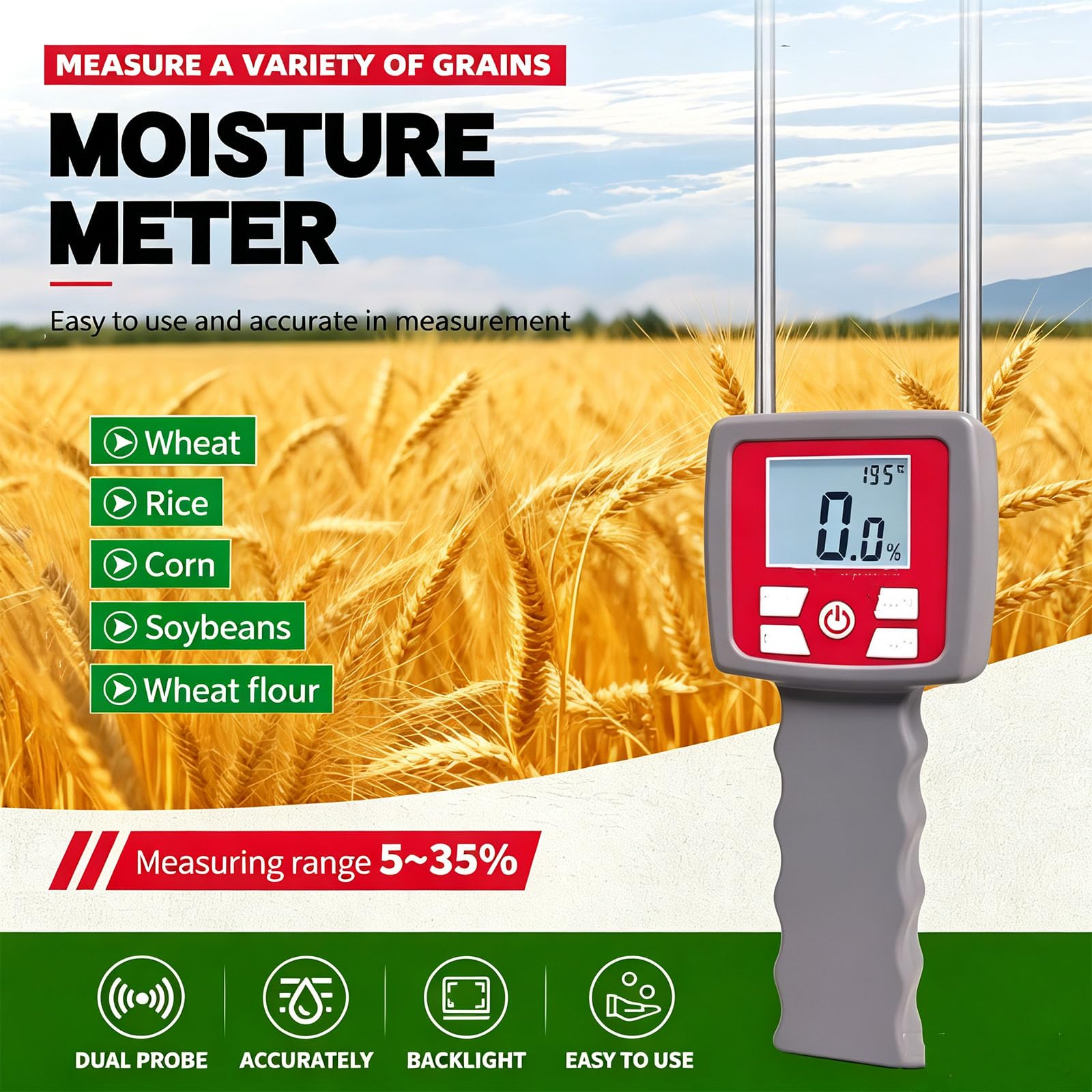 Tester Zawartości Wilgoci, Tester Wilgotności Ziarna Z Czułą Podwójną Sondą I Wyświetlaczem Lcd, Zakres 5~35%, Dokładność: 0,5%, Do Kukurydzy, Pszenicy, Soi, Ryżu I Mąki Pszennej